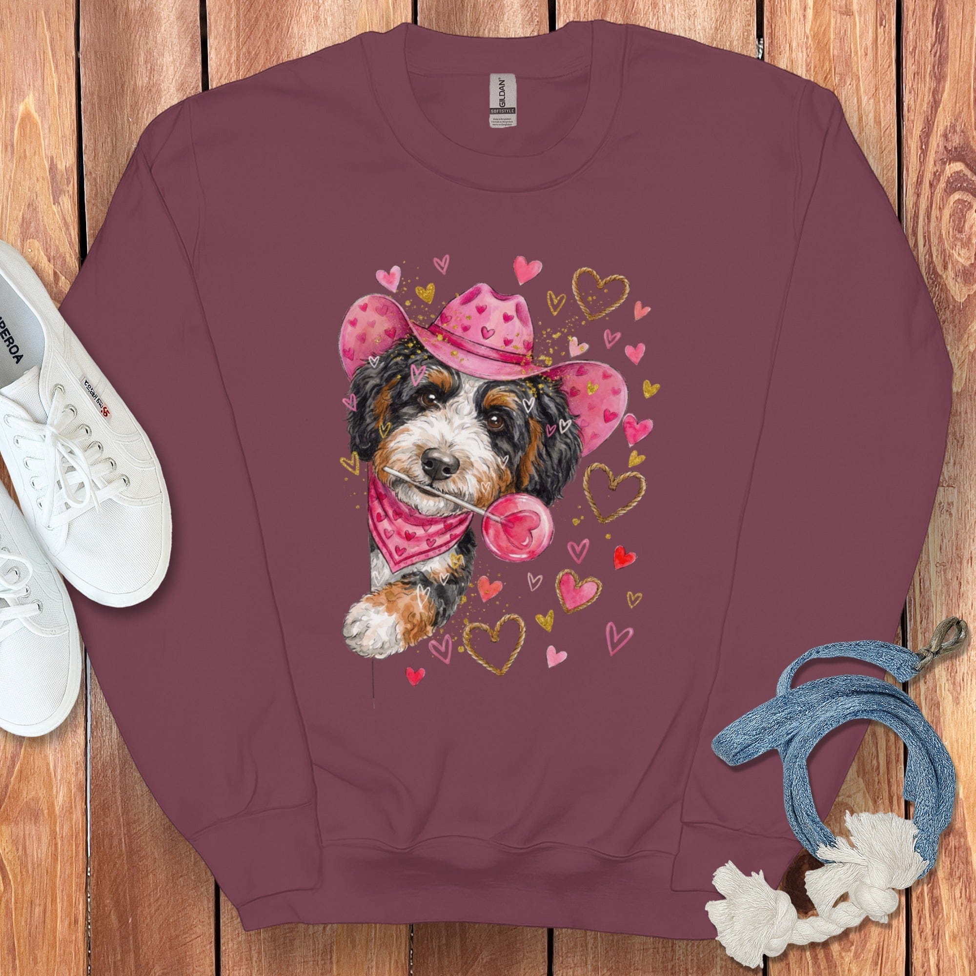 Bernedoodle Cowboy Valentine Sweatshirt in Maroon / S by Puppy Jo