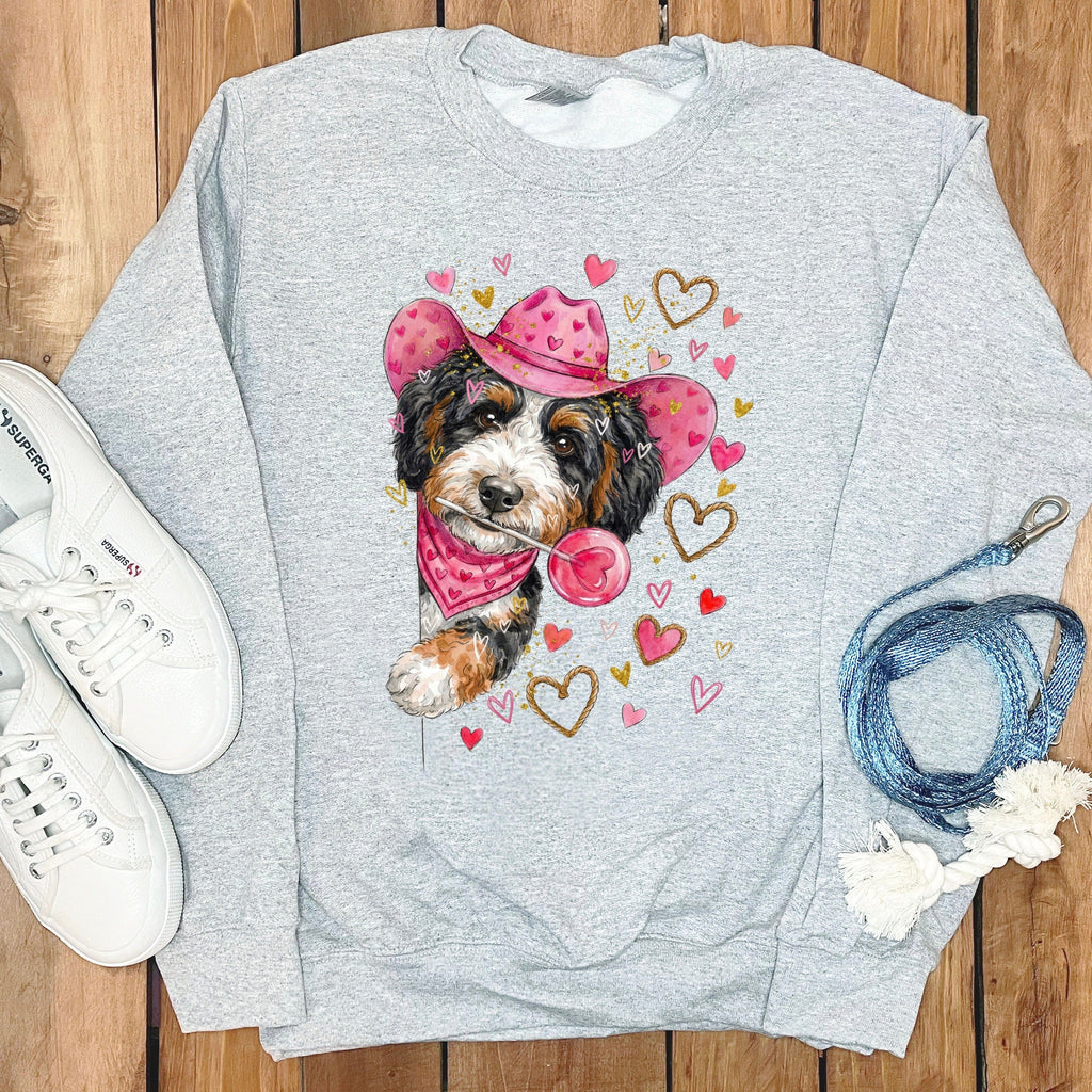 Bernedoodle Cowboy Valentine Sweatshirt in Sport Grey / S by Puppy Jo
