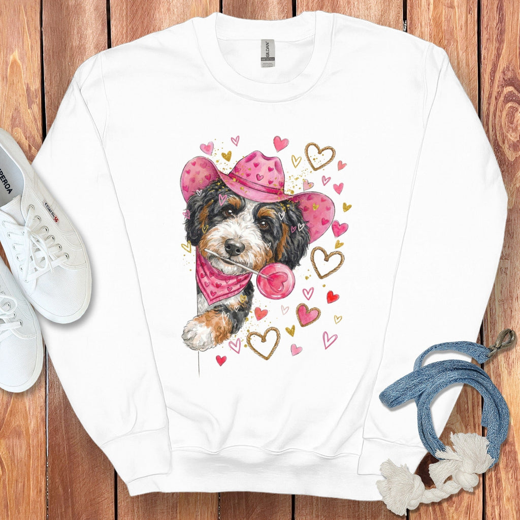 Bernedoodle Cowboy Valentine Sweatshirt in White / S by Puppy Jo