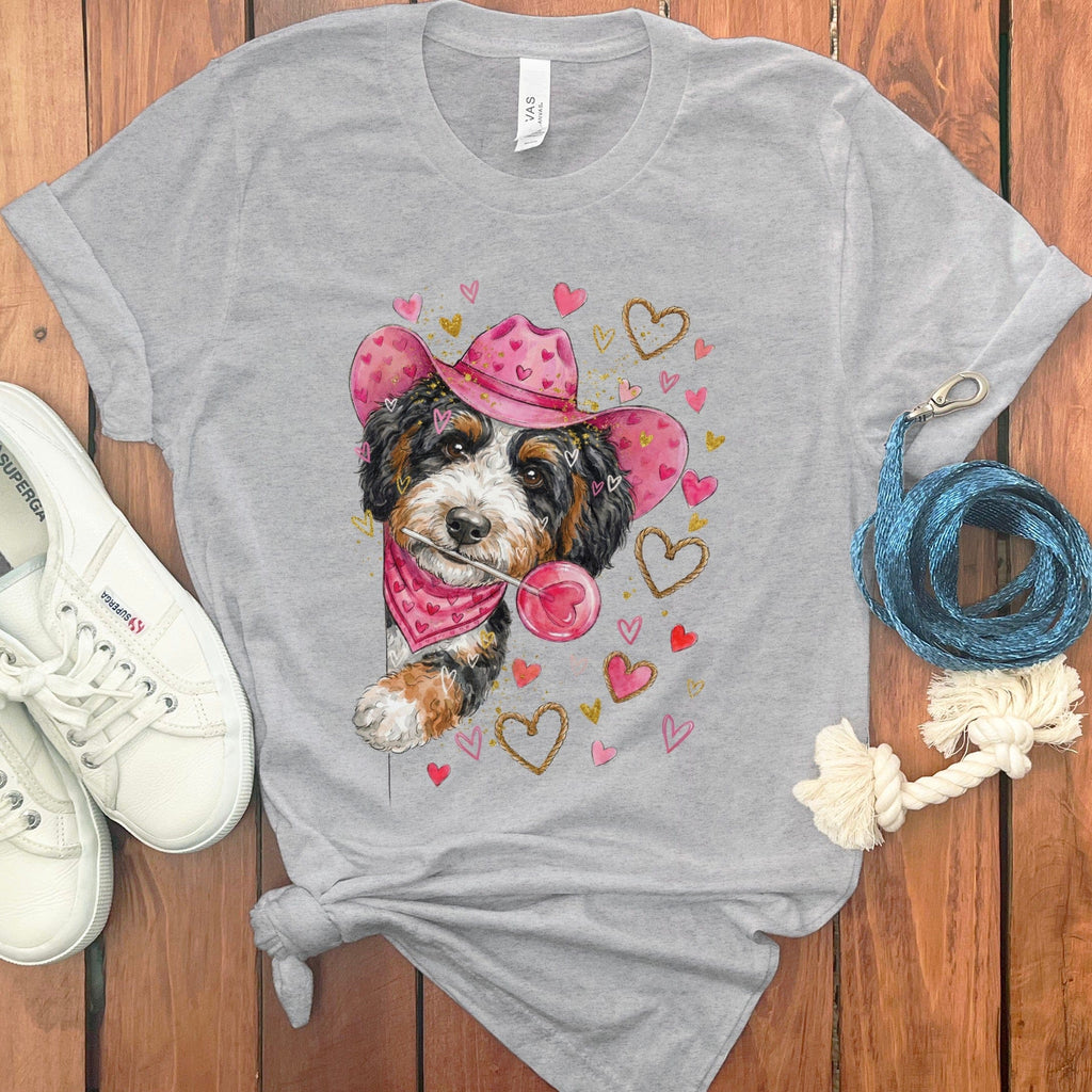 Bernedoodle Cowboy Valentine T-Shirt in Athletic Heather / S by Puppy Jo