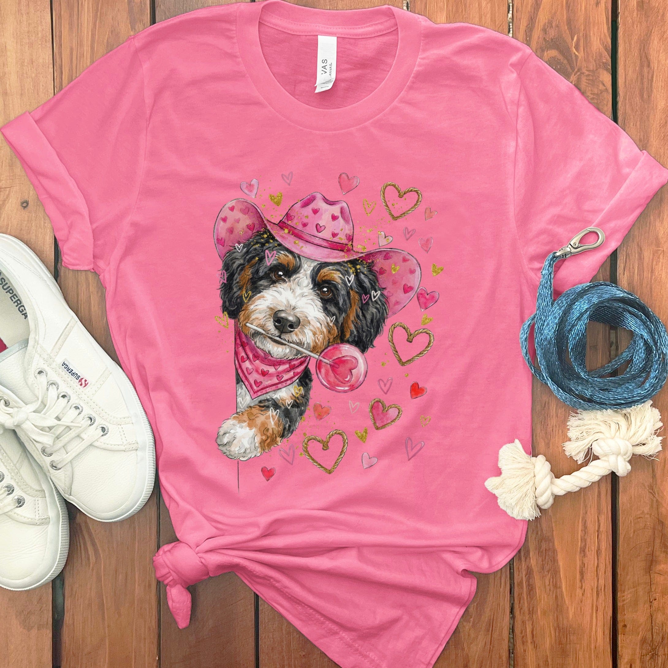 Bernedoodle Cowboy Valentine T-Shirt in Charity Pink / S by Puppy Jo