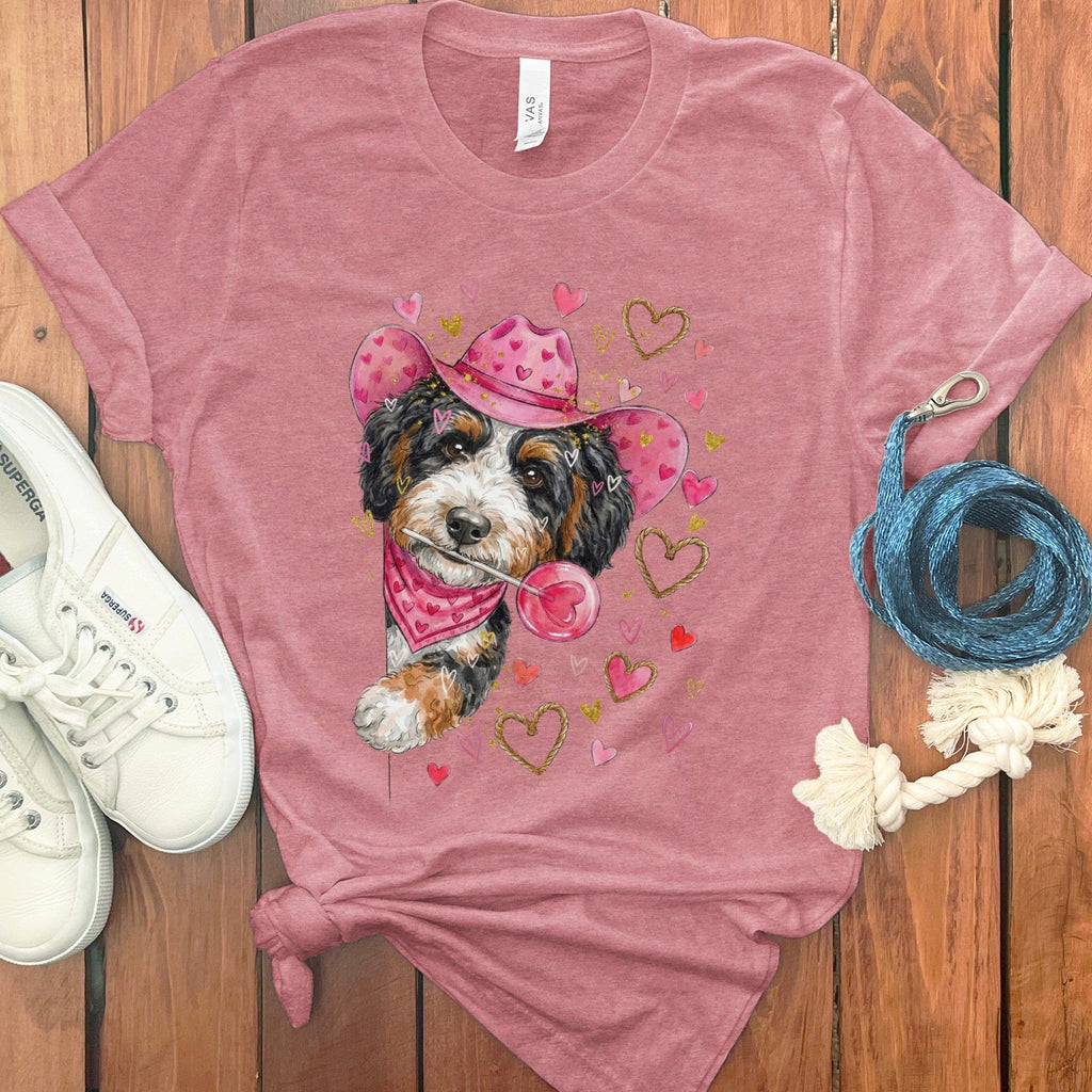 Bernedoodle Cowboy Valentine T-Shirt in Heather Mauve / S by Puppy Jo