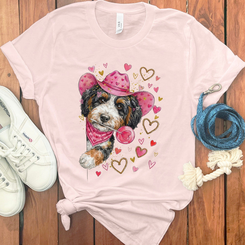 Bernedoodle Cowboy Valentine T-Shirt in Soft Pink / S by Puppy Jo