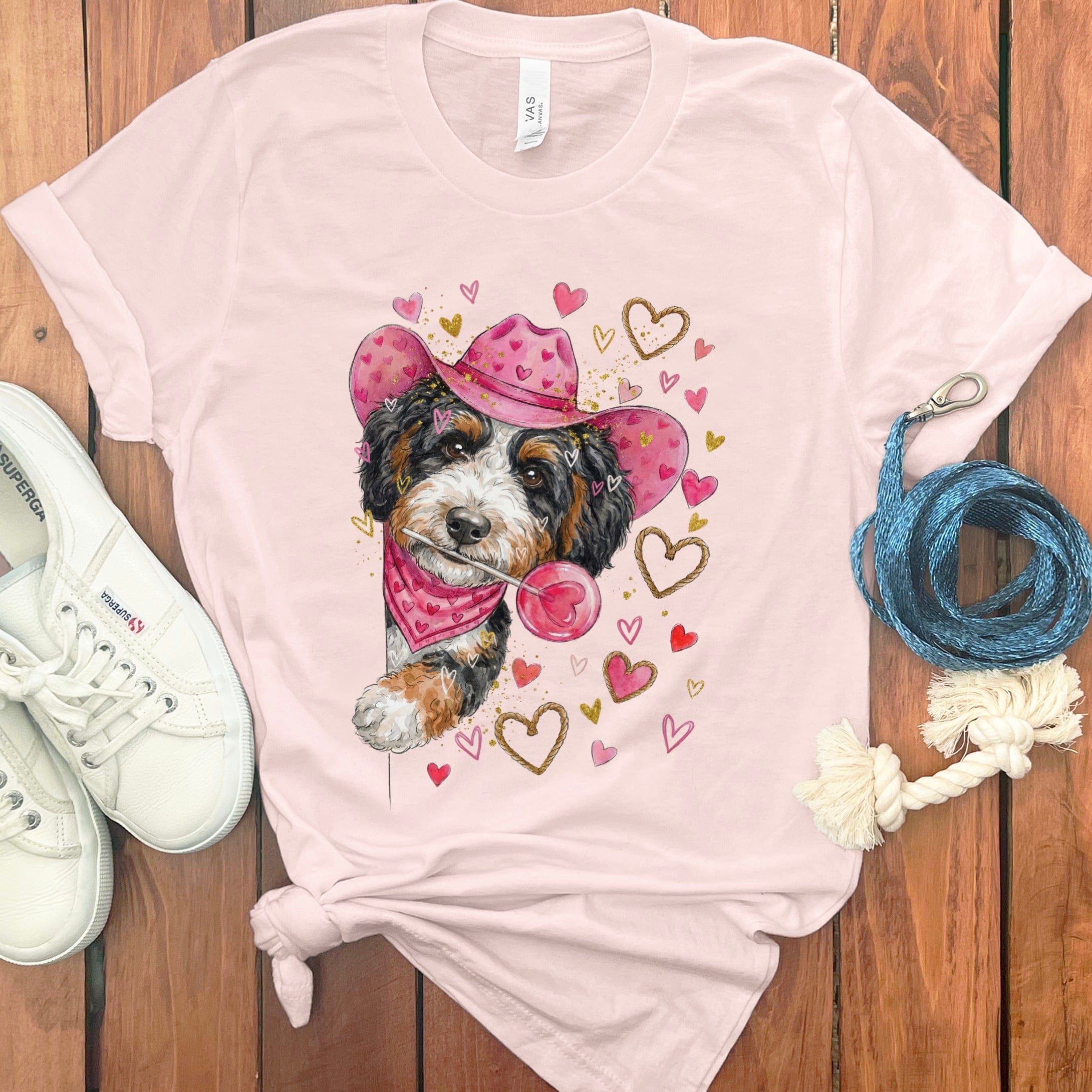 Bernedoodle Cowboy Valentine T-Shirt in Soft Pink / S by Puppy Jo