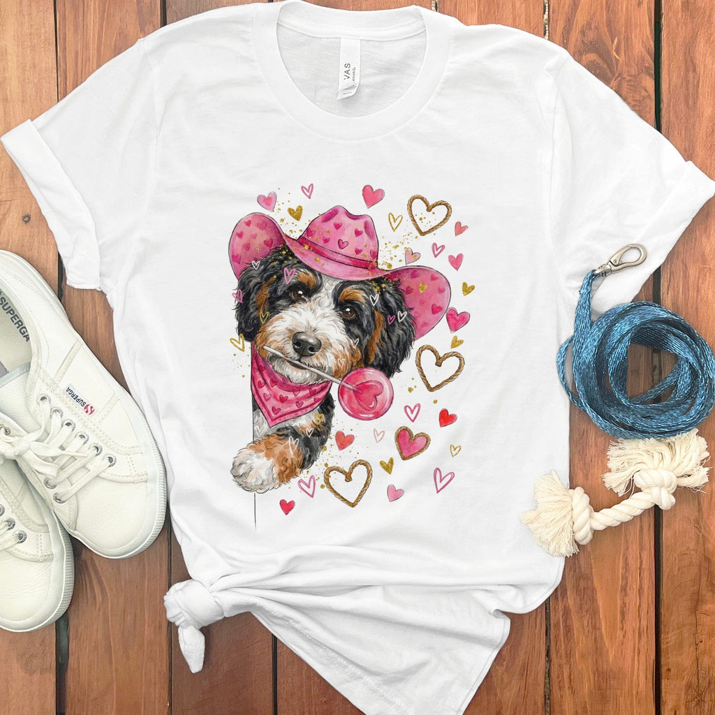 Bernedoodle Cowboy Valentine T-Shirt in White / S by Puppy Jo
