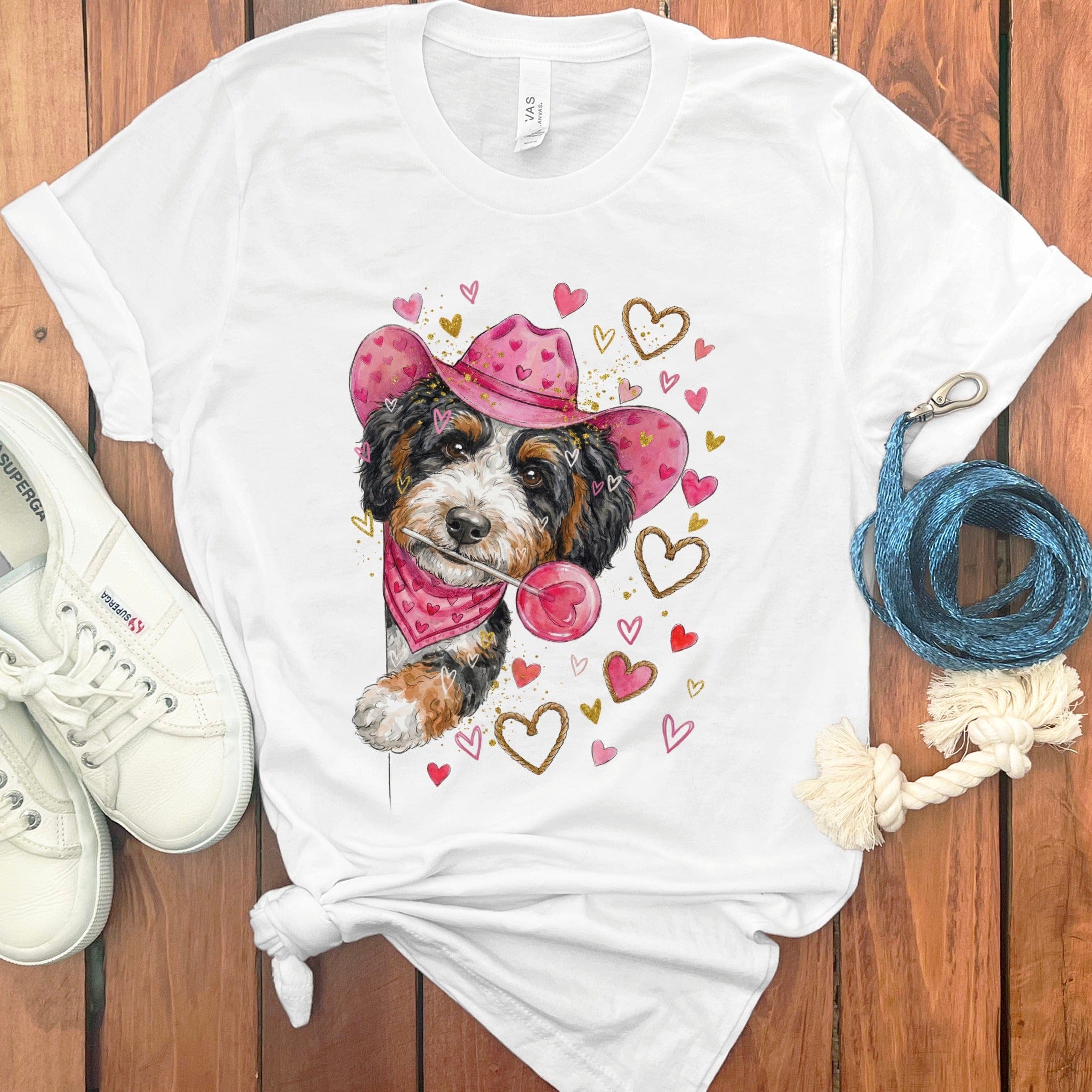 Bernedoodle Cowboy Valentine T-Shirt in White / S by Puppy Jo