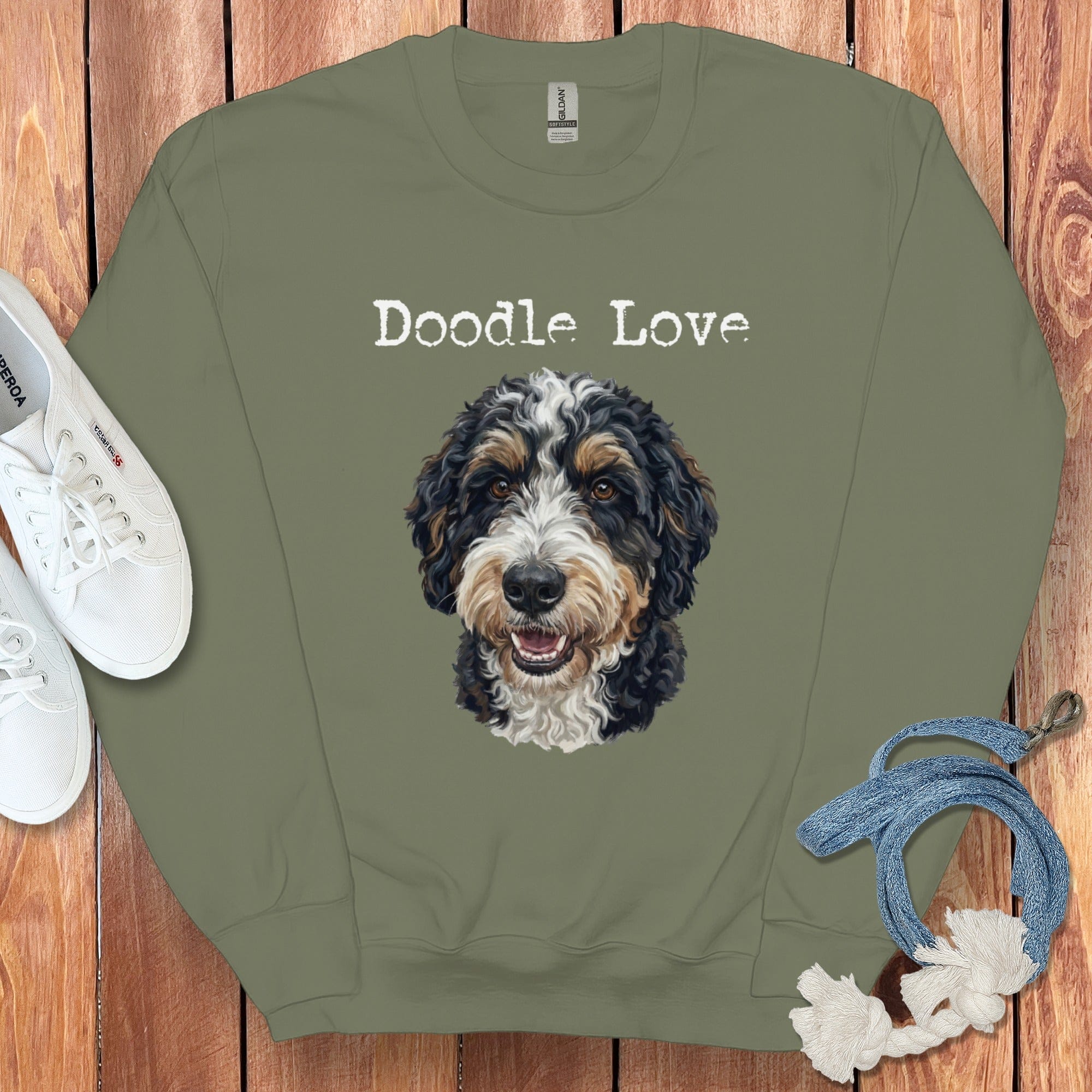 Bernedoodle Doodle Love Sweatshirt in Military Green / S by Puppy Jo