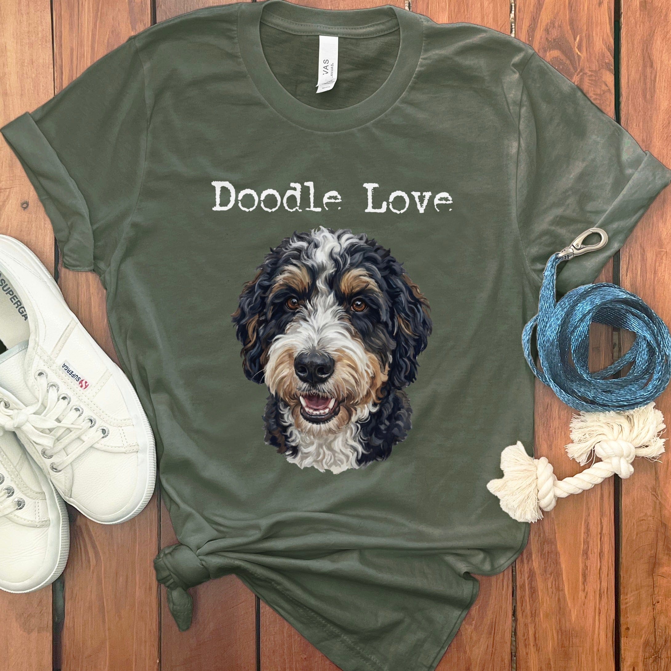 Bernedoodle Doodle Love T-Shirt in Military Green / S by Puppy Jo