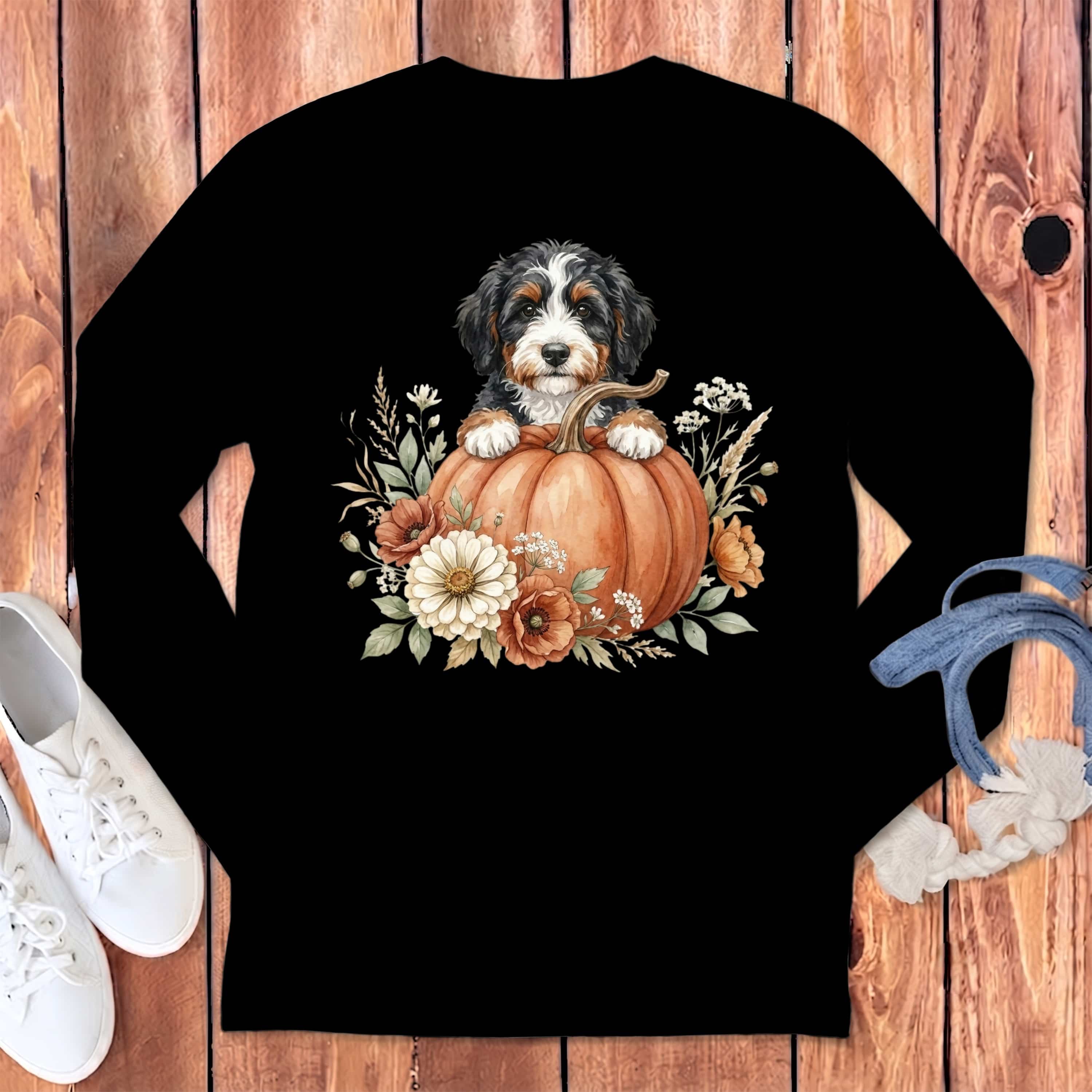 Bernedoodle Fall Long Sleeve T-Shirt in Black / S by Puppy Jo