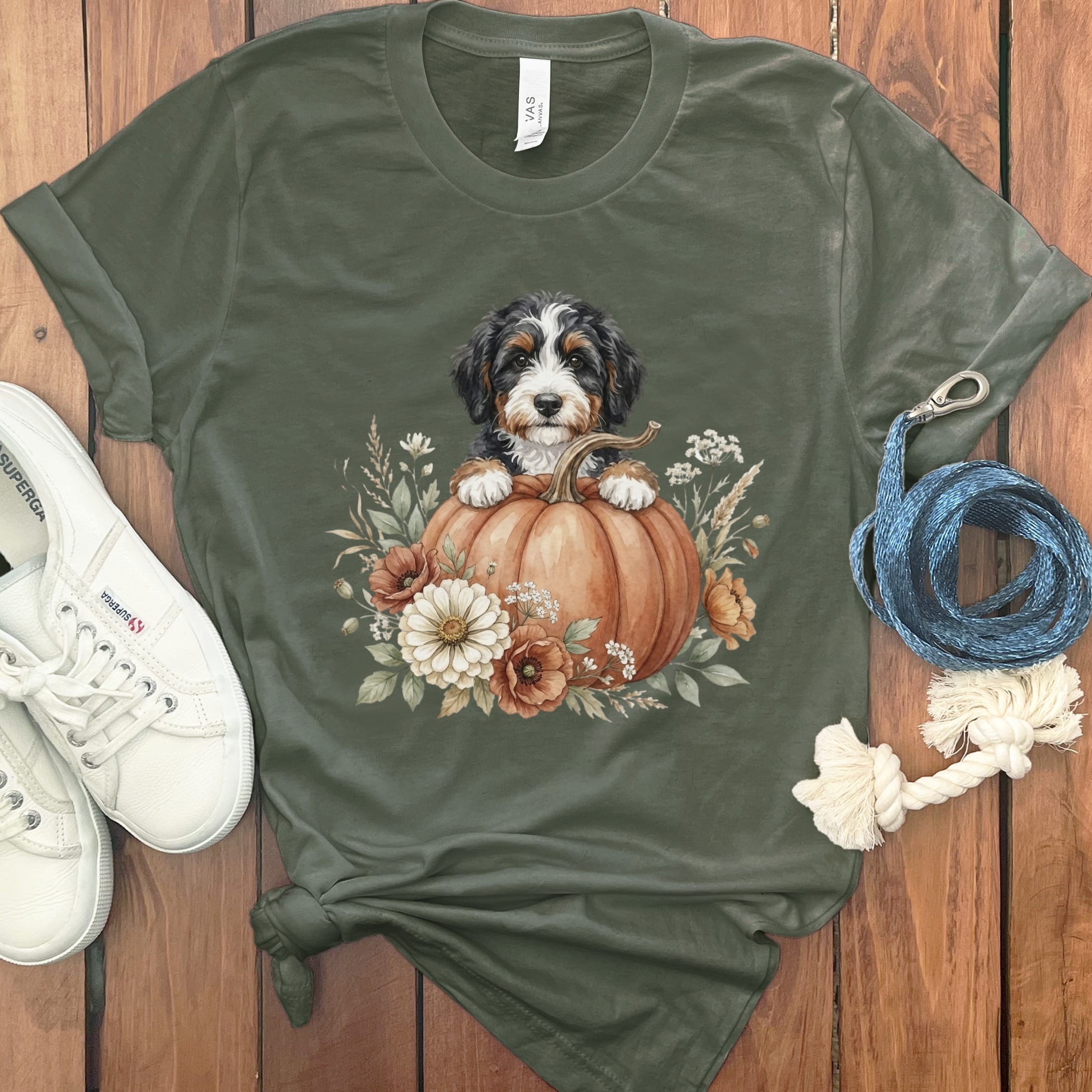 Bernedoodle Fall T-Shirt in Military Green / S by Puppy Jo