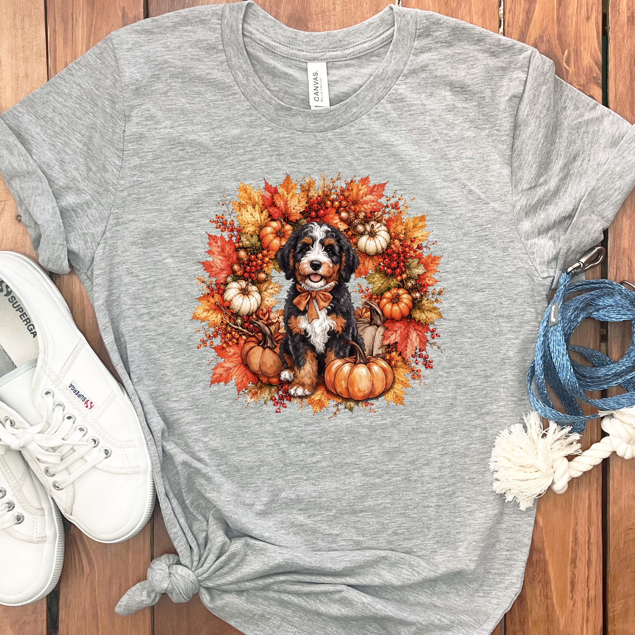Bernedoodle Fall Wreath T-Shirt in Athletic Heather / S by Puppy Jo