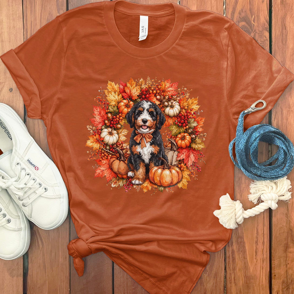 Bernedoodle Fall Wreath T-Shirt in Autumn / S by Puppy Jo