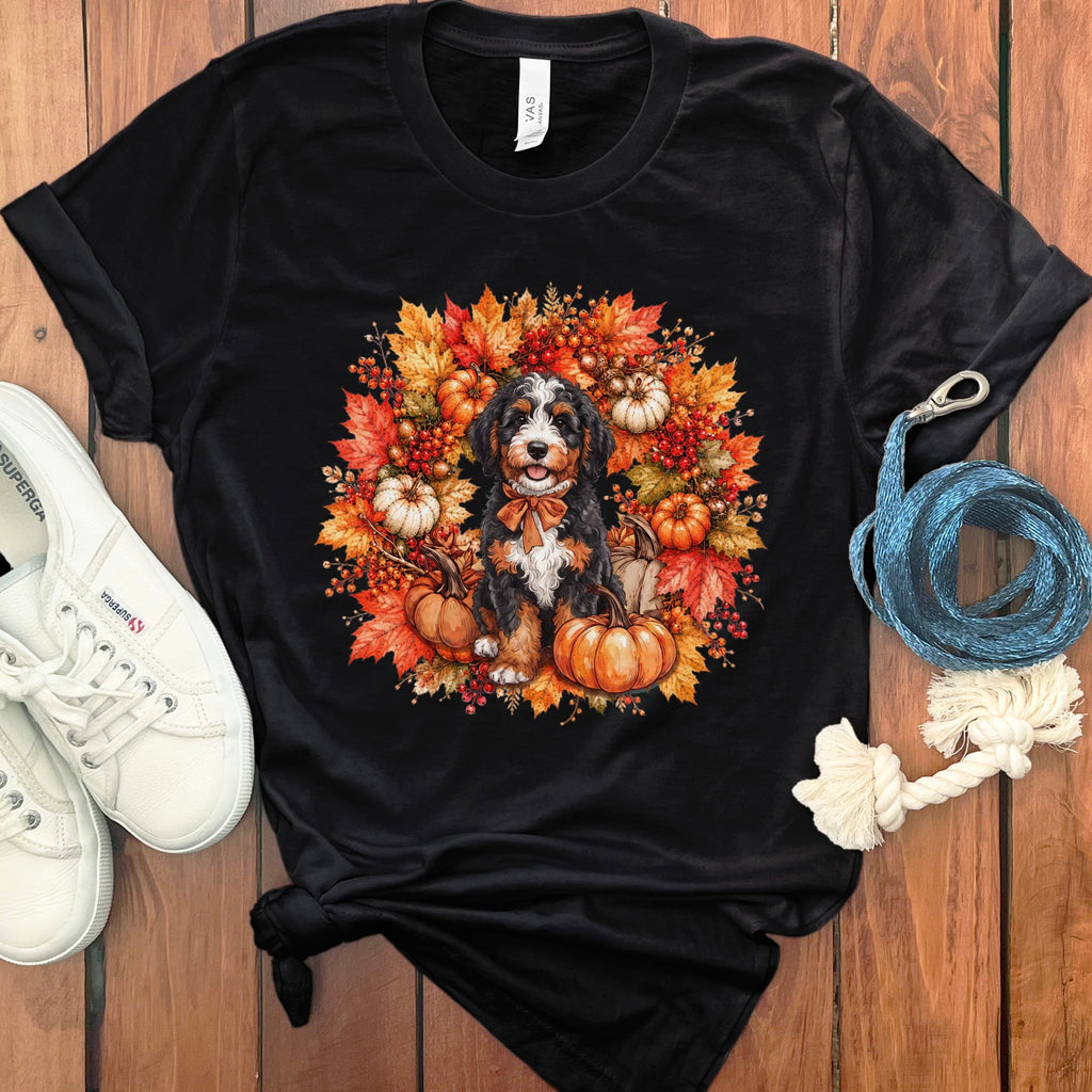 Bernedoodle Fall Wreath T-Shirt in Black / S by Puppy Jo