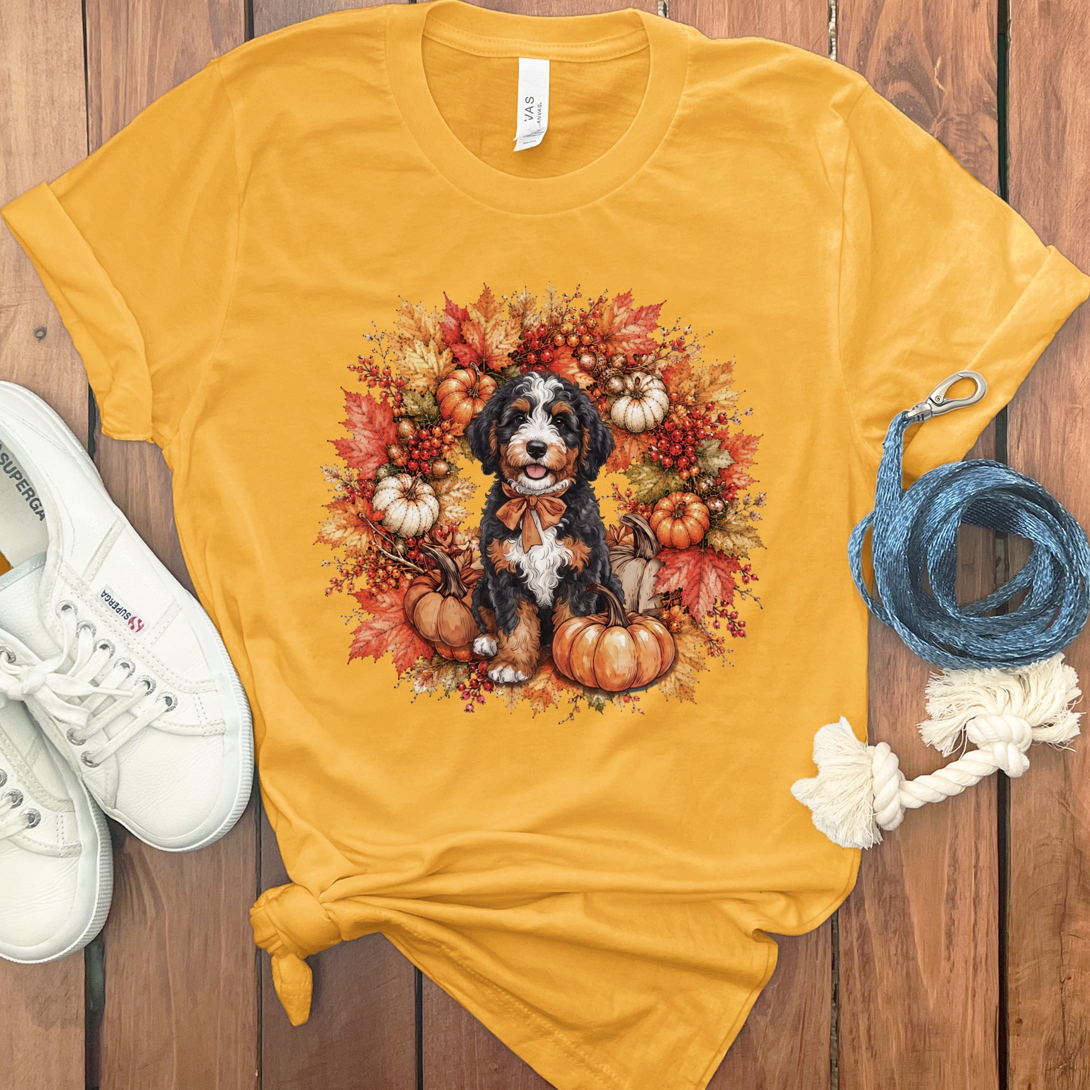 Bernedoodle Fall Wreath T-Shirt in Gold / S by Puppy Jo