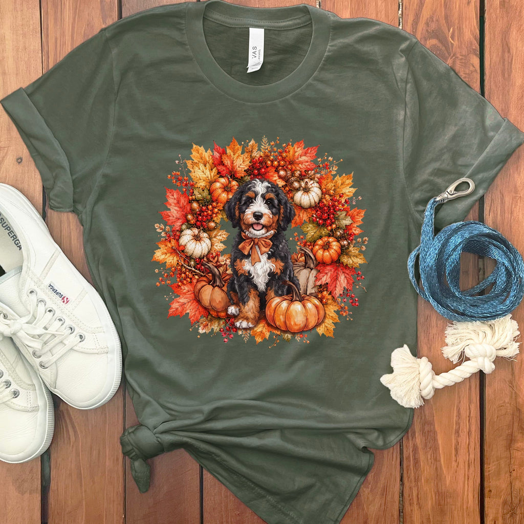 Bernedoodle Fall Wreath T-Shirt in Military Green / S by Puppy Jo