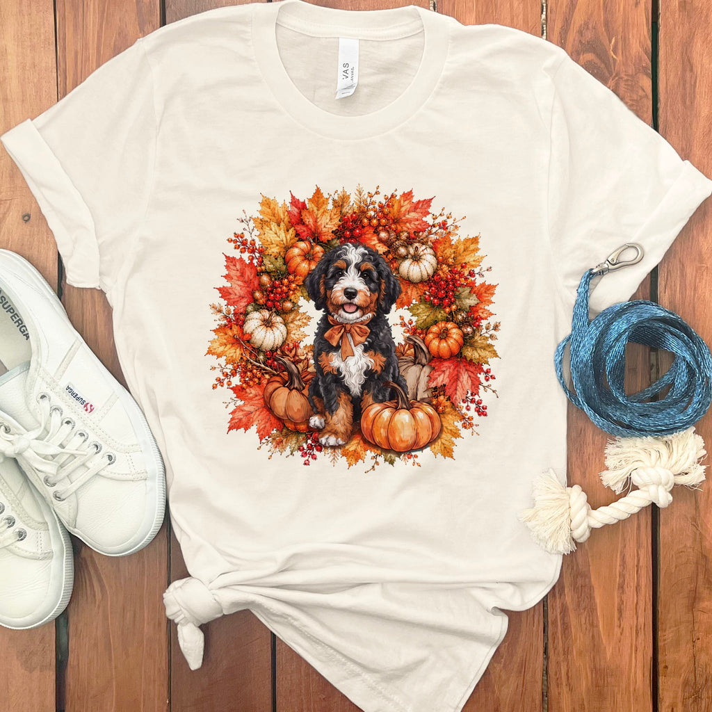 Bernedoodle Fall Wreath T-Shirt in Natural / S by Puppy Jo