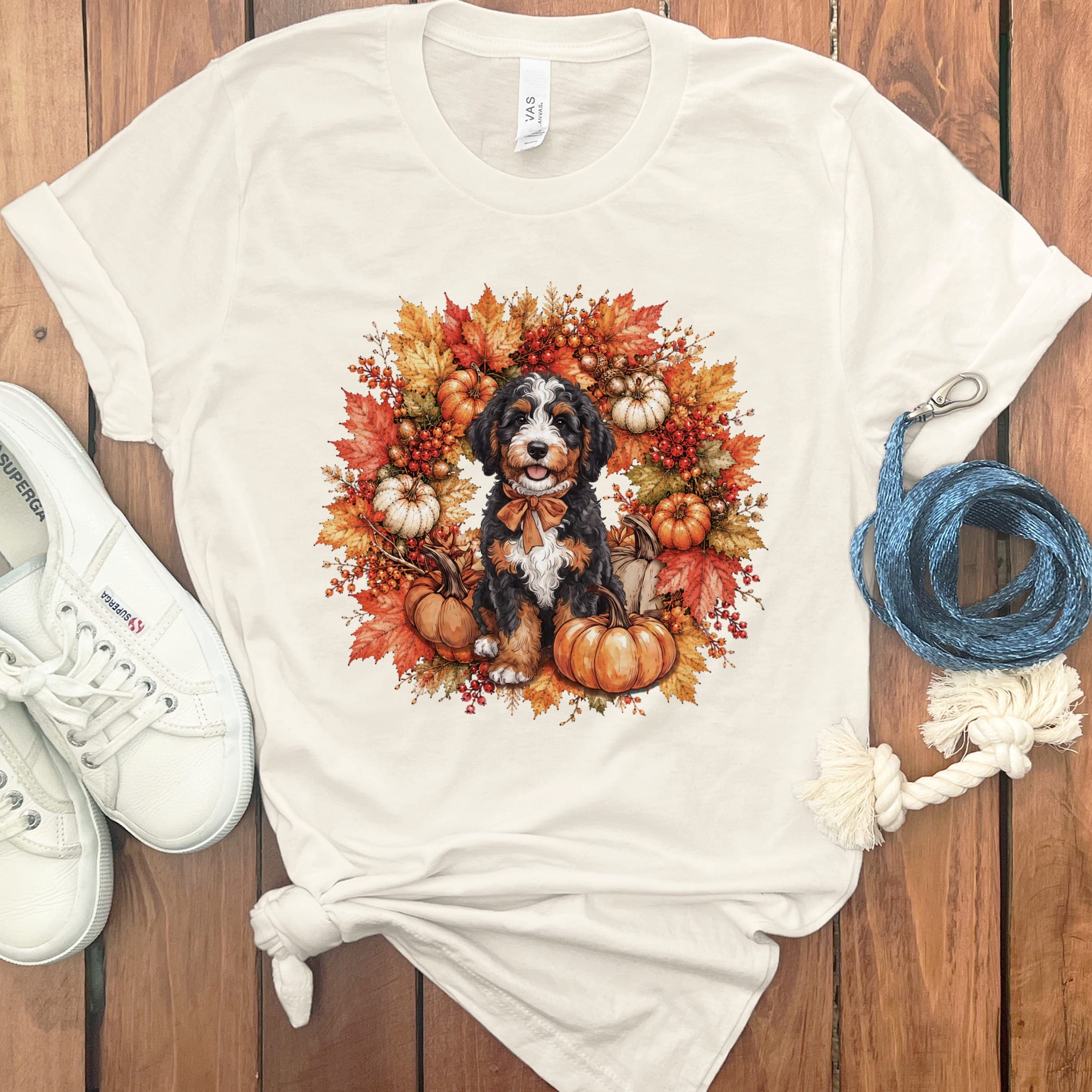 Bernedoodle Fall Wreath T-Shirt in Natural / S by Puppy Jo