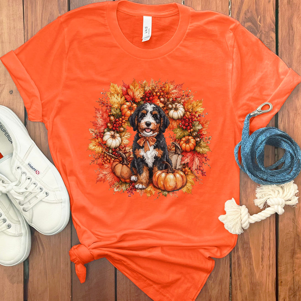 Bernedoodle Fall Wreath T-Shirt in Orange / S by Puppy Jo