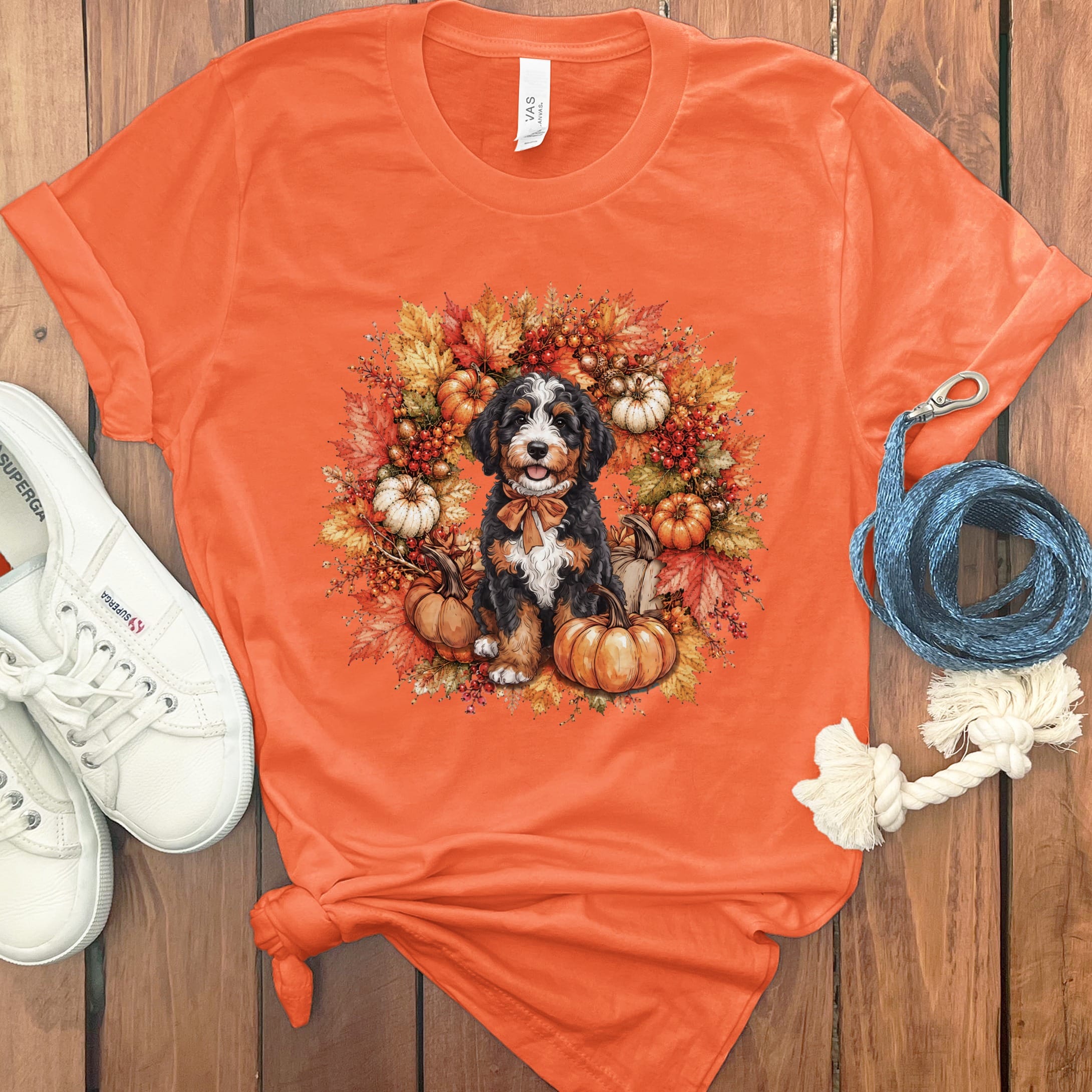 Bernedoodle Fall Wreath T-Shirt in Orange / S by Puppy Jo