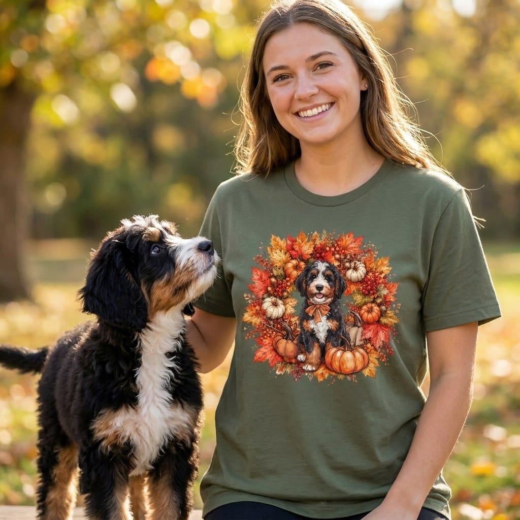 Bernedoodle Fall Wreath T-Shirt in by Puppy Jo