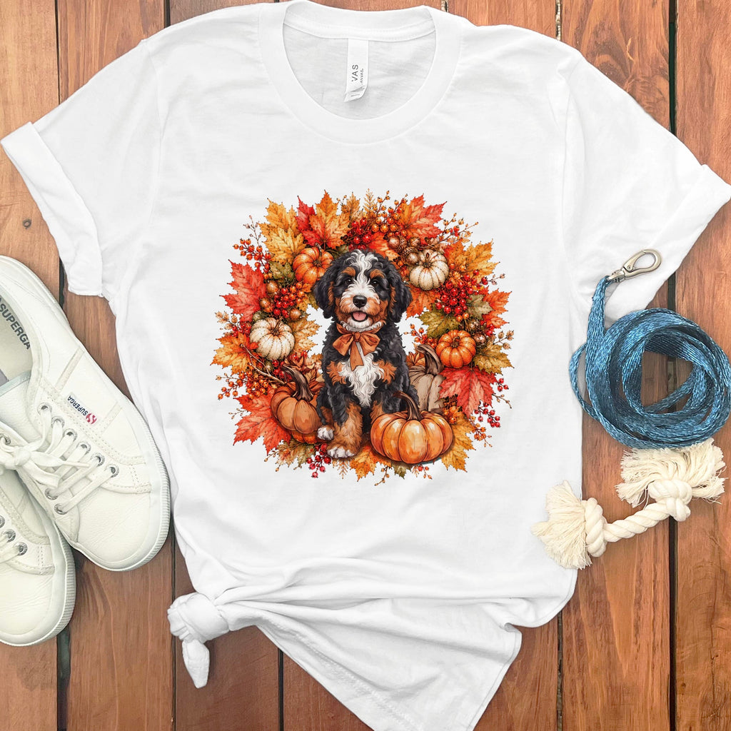Bernedoodle Fall Wreath T-Shirt in White / S by Puppy Jo