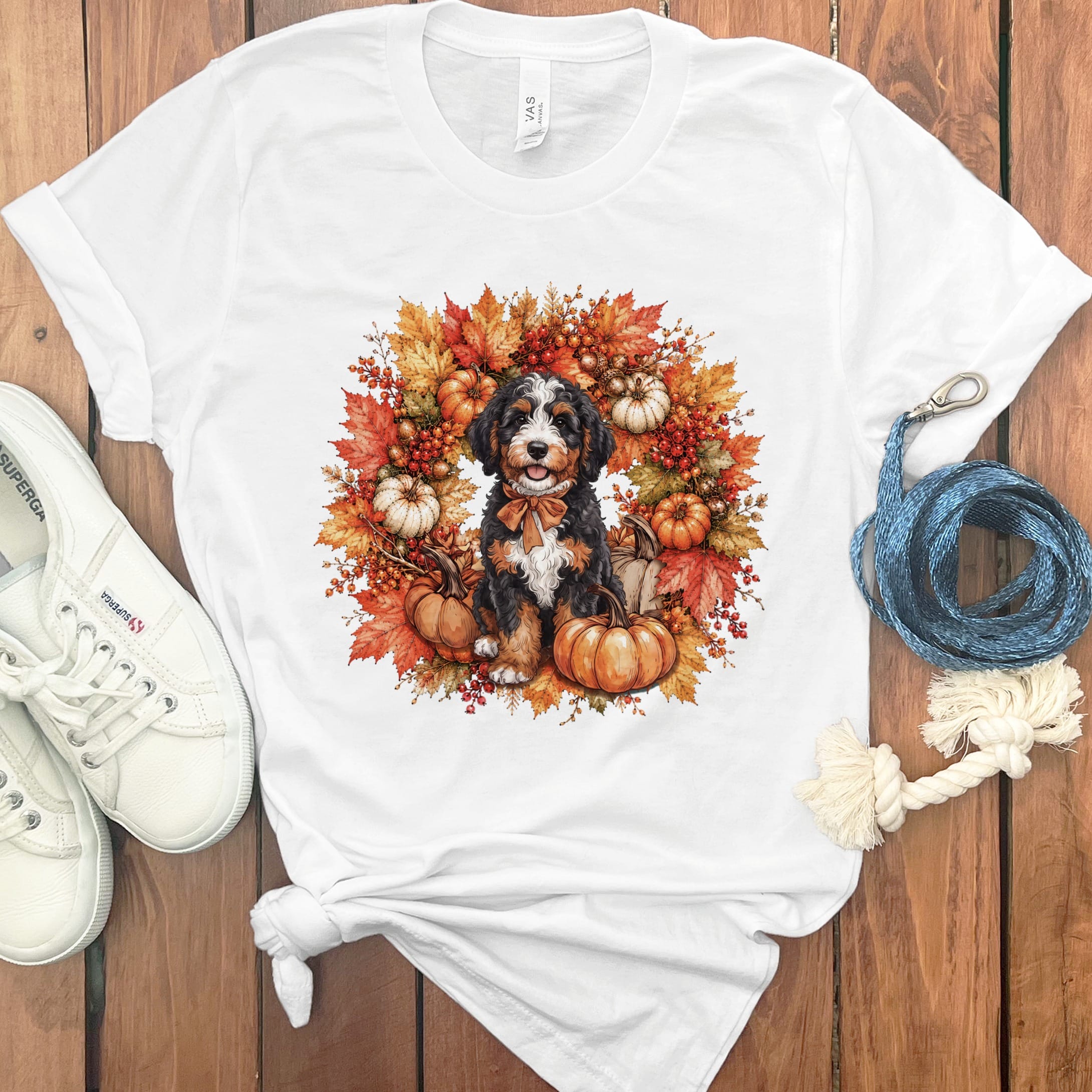 Bernedoodle Fall Wreath T-Shirt in White / S by Puppy Jo