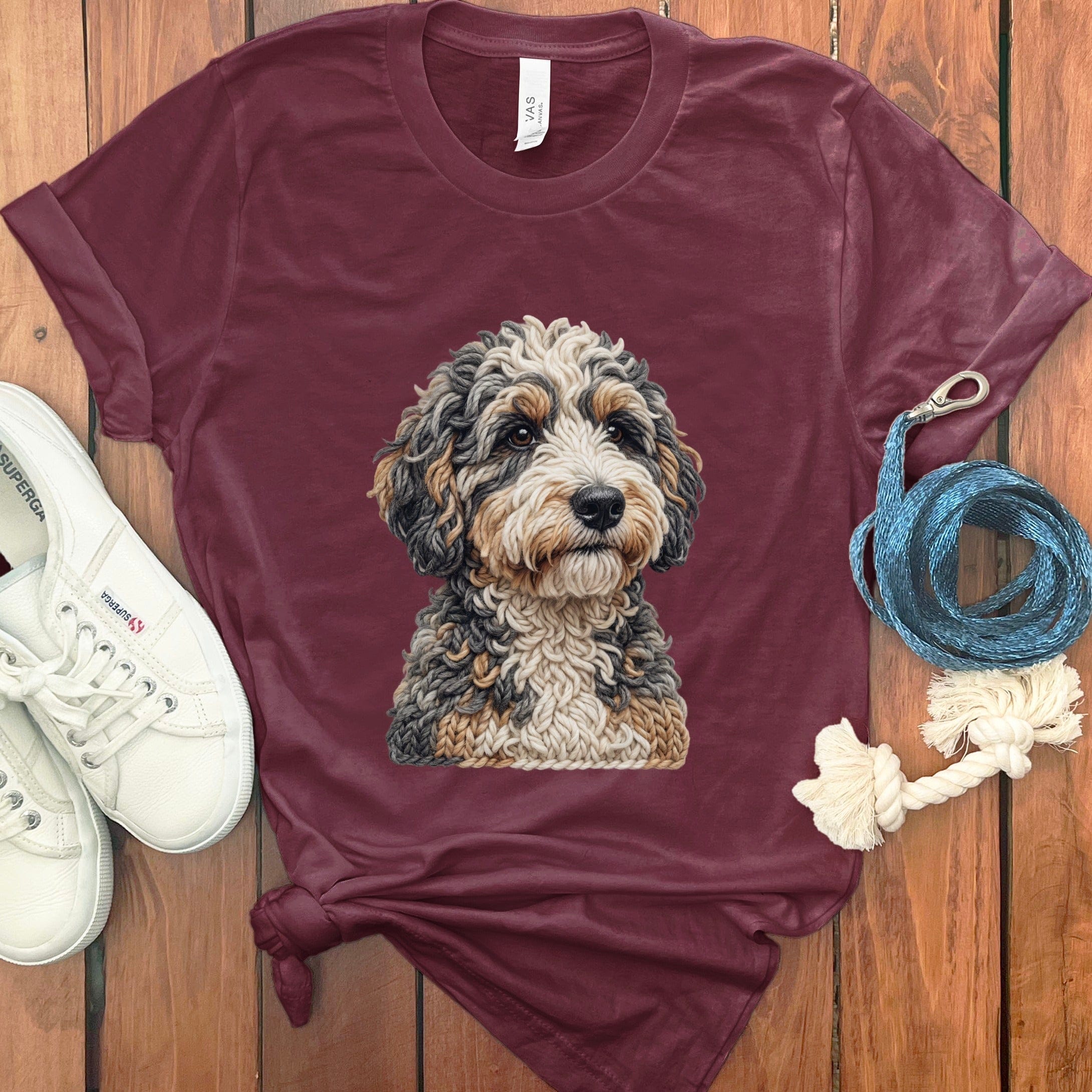 Bernedoodle Faux Yarn Knit T-Shirt in Maroon / S by Puppy Jo