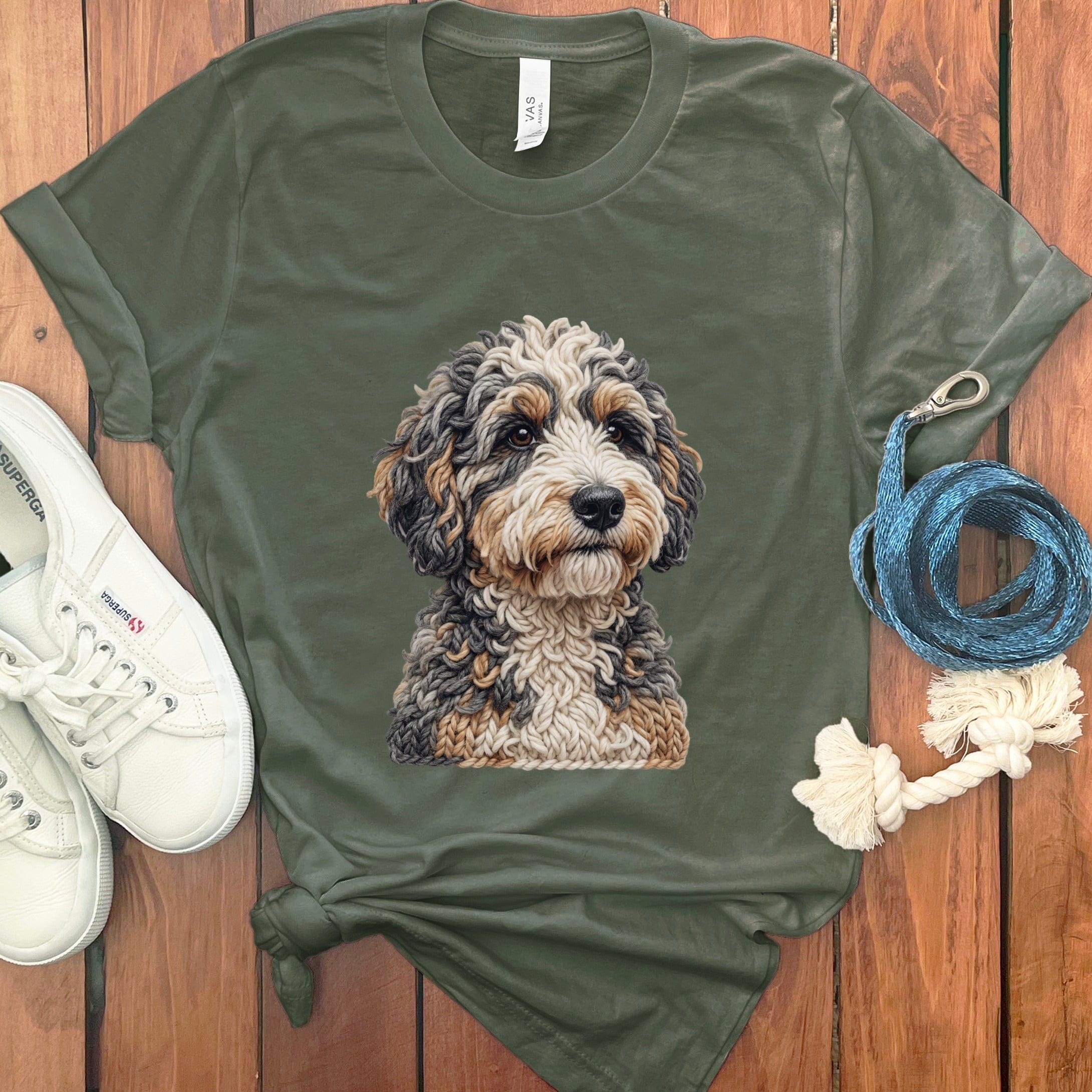 Bernedoodle Faux Yarn Knit T-Shirt in Military Green / S by Puppy Jo