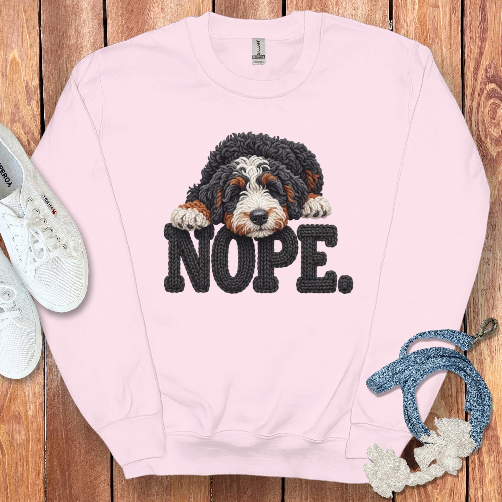 Bernedoodle Faux Yarn Nope Sweatshirt in Light Pink / S by Puppy Jo