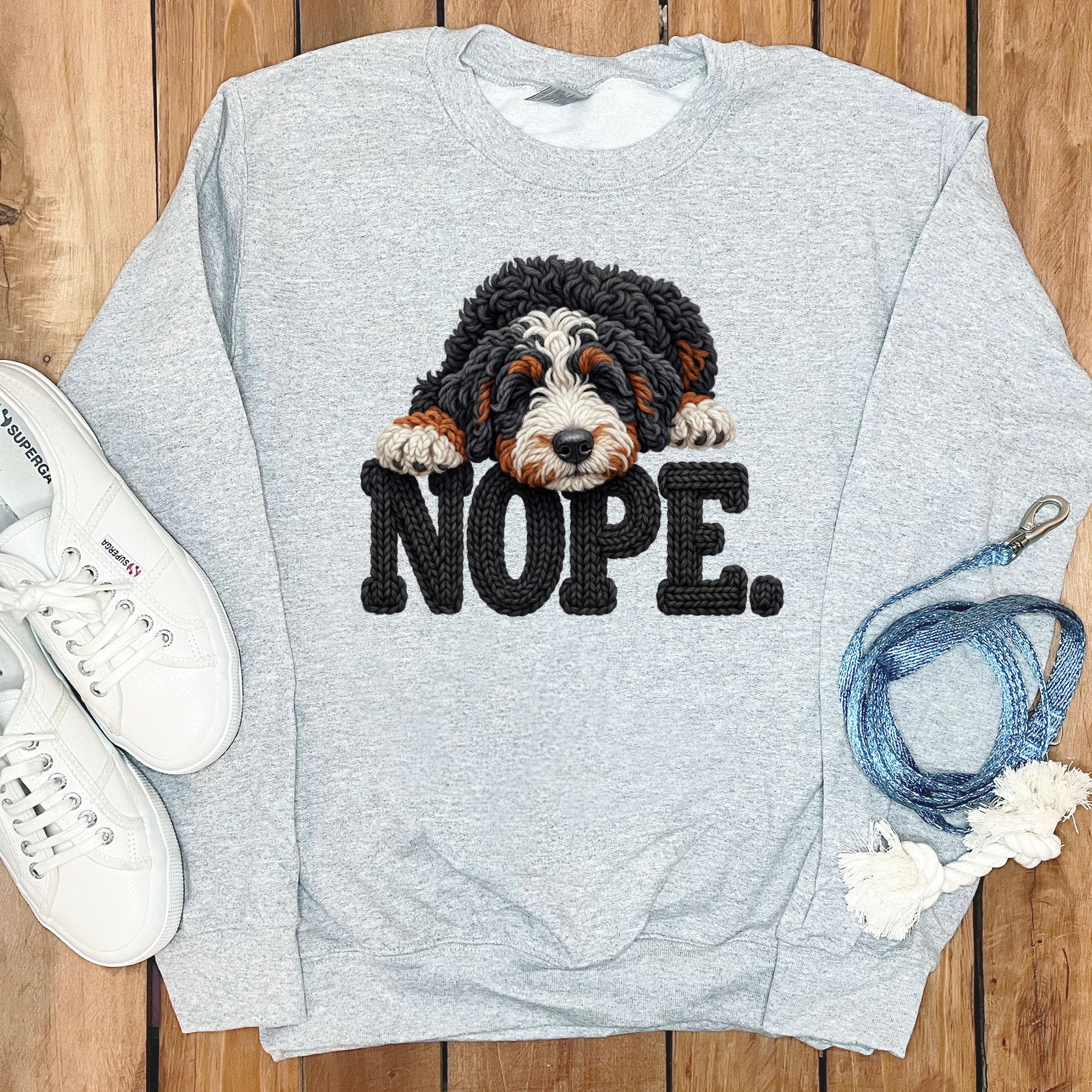 Bernedoodle Faux Yarn Nope Sweatshirt in Sport Grey / S by Puppy Jo
