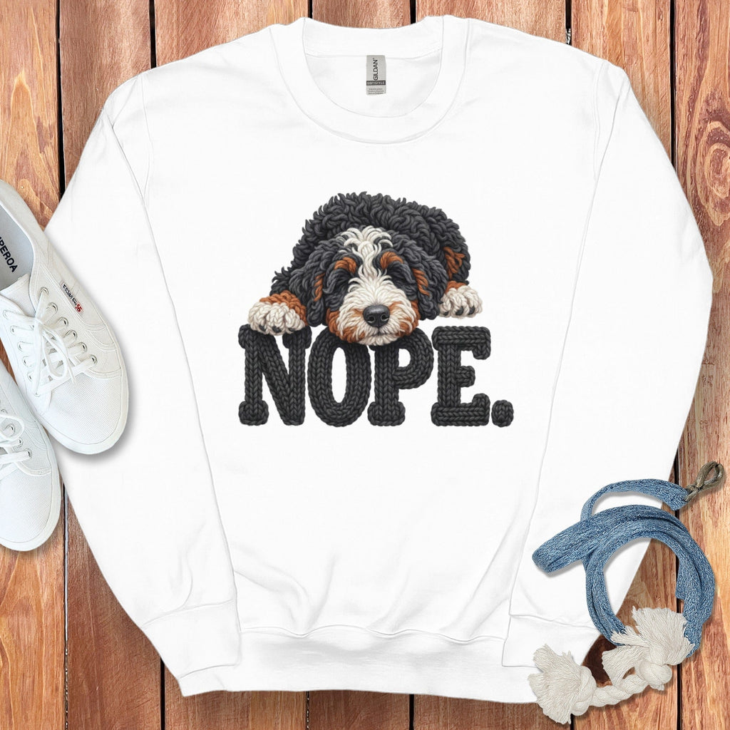 Bernedoodle Faux Yarn Nope Sweatshirt in White / S by Puppy Jo