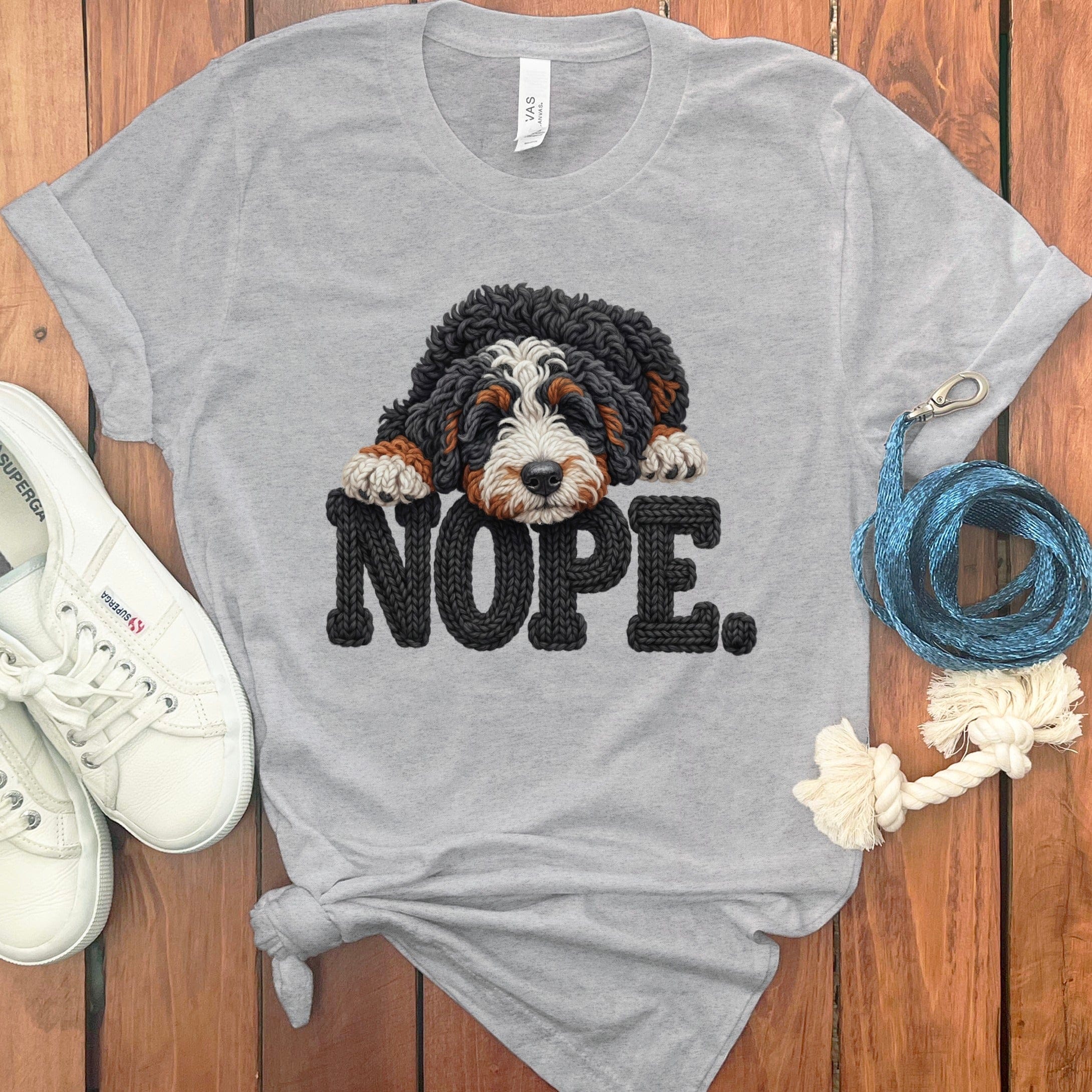 Bernedoodle Faux Yarn Nope T-Shirt in Athletic Heather / S by Puppy Jo