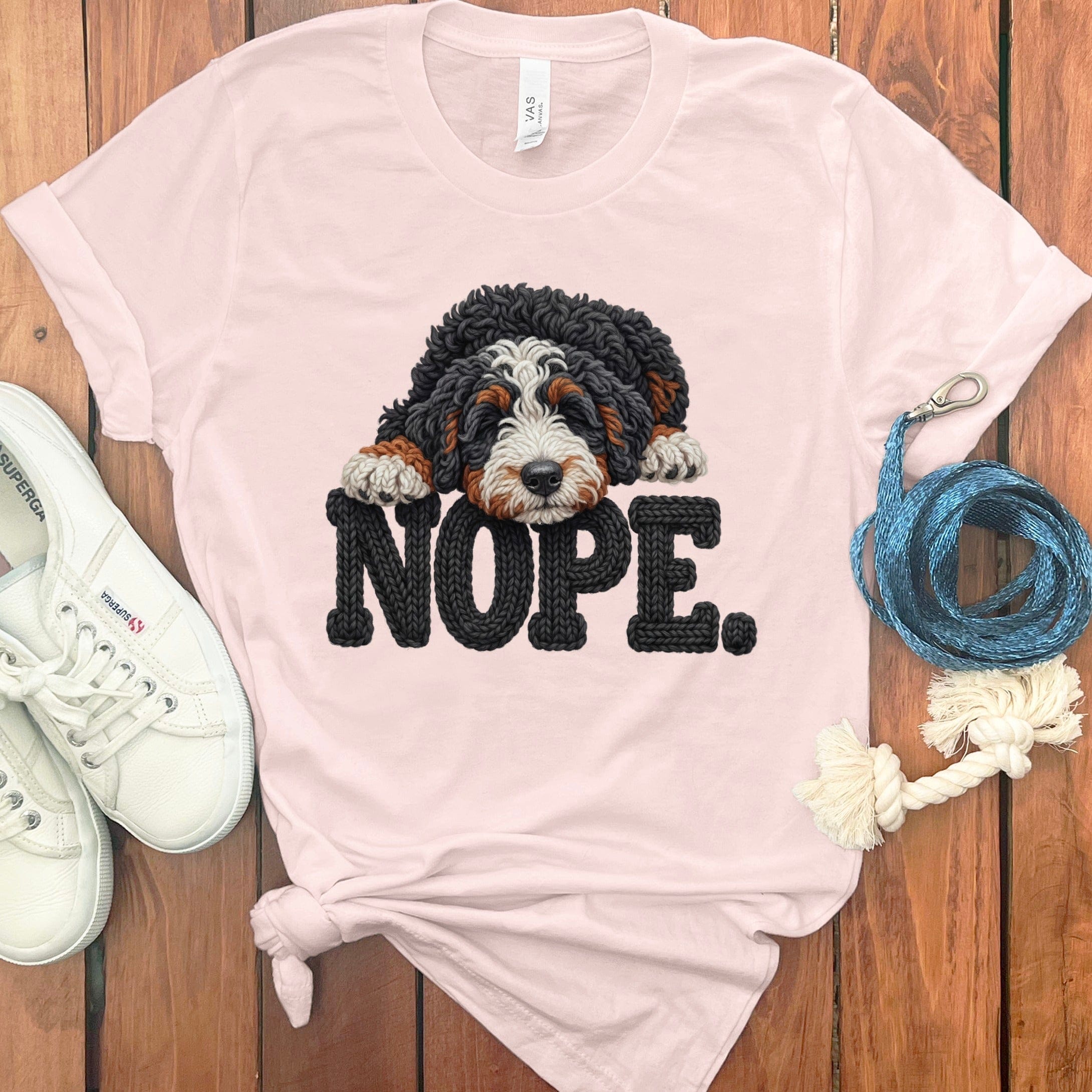 Bernedoodle Faux Yarn Nope T-Shirt in Soft Pink / S by Puppy Jo