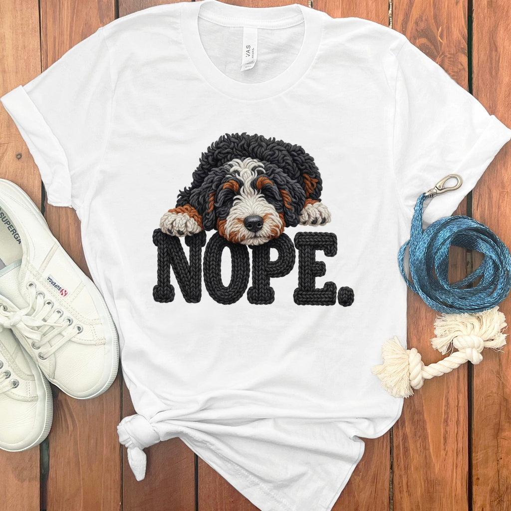 Bernedoodle Faux Yarn Nope T-Shirt in White / S by Puppy Jo