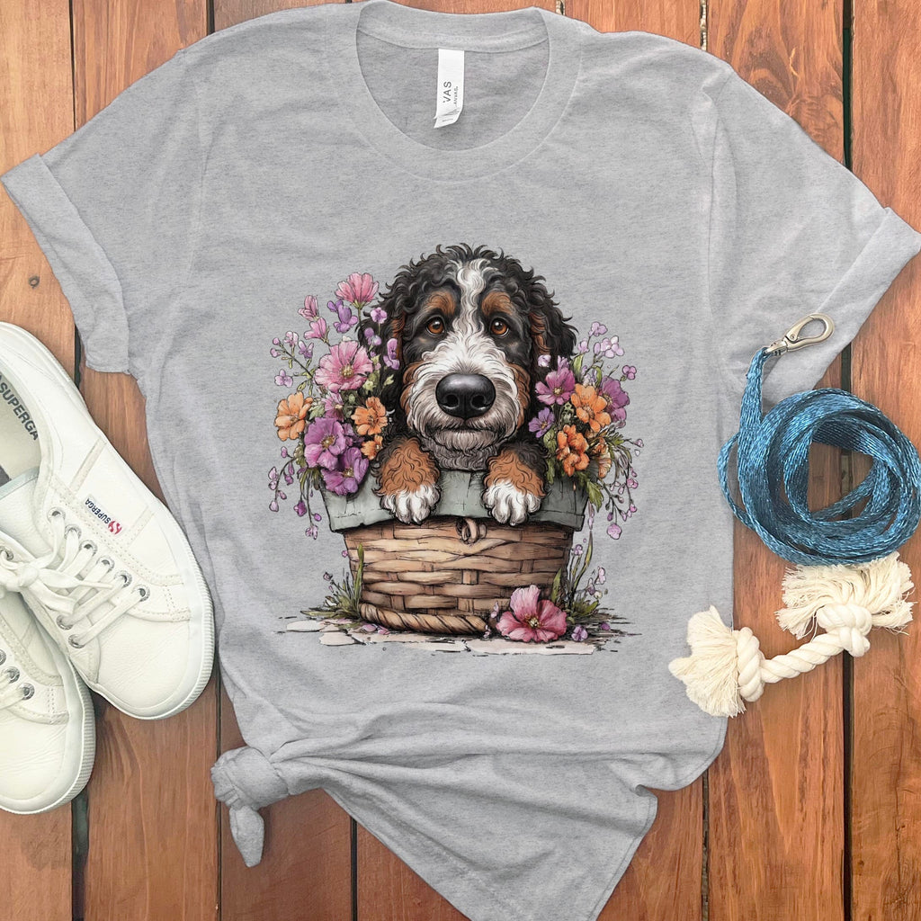 Bernedoodle Floral Basket T-Shirt in Athletic Heather / M by Puppy Jo