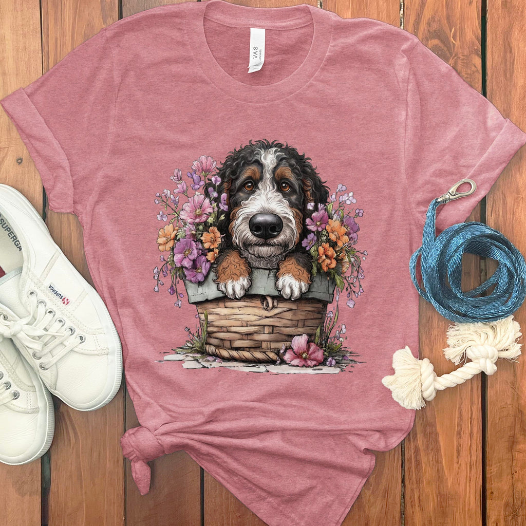 Bernedoodle Floral Basket T-Shirt in Heather Mauve / M by Puppy Jo