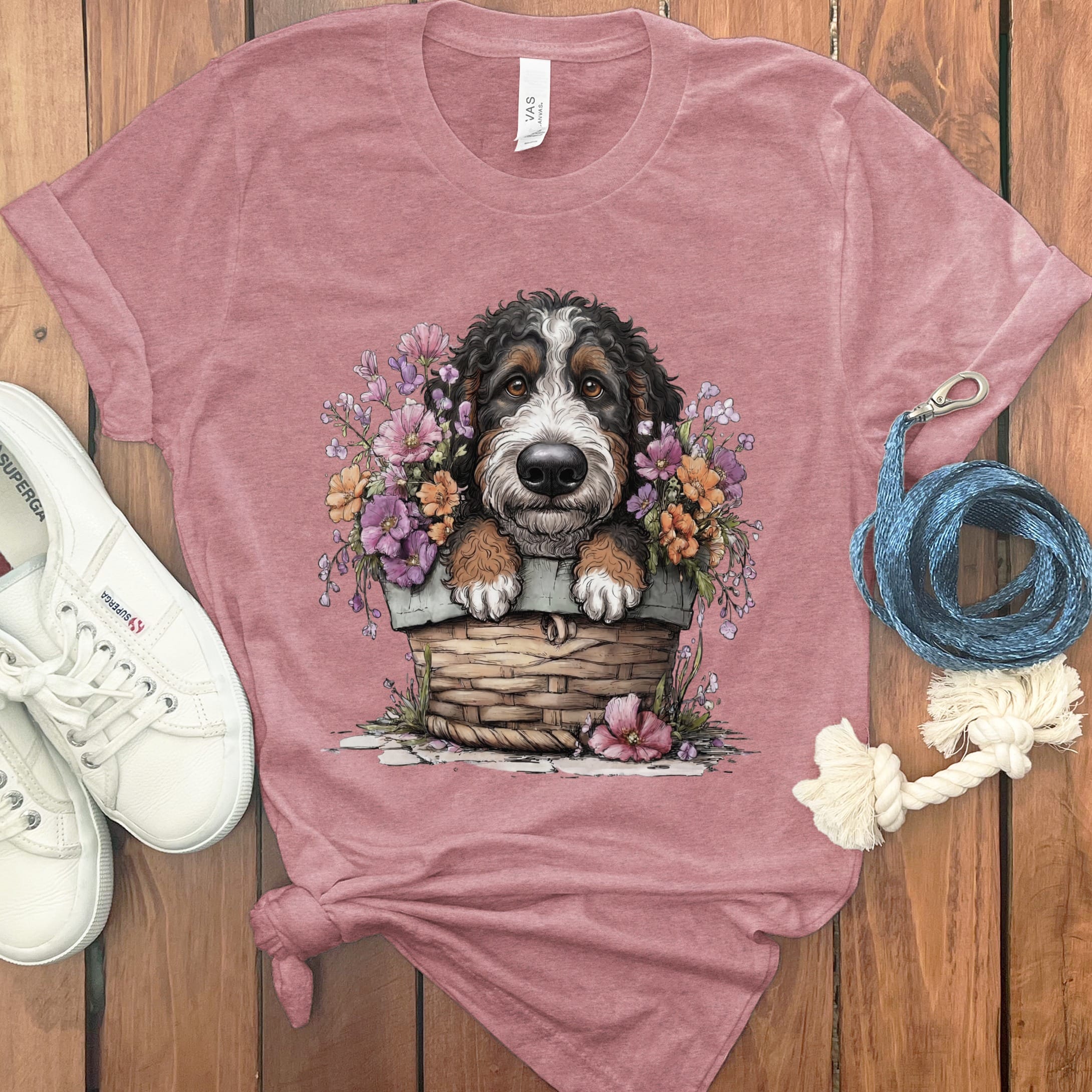 Bernedoodle Floral Basket T-Shirt in Heather Mauve / M by Puppy Jo
