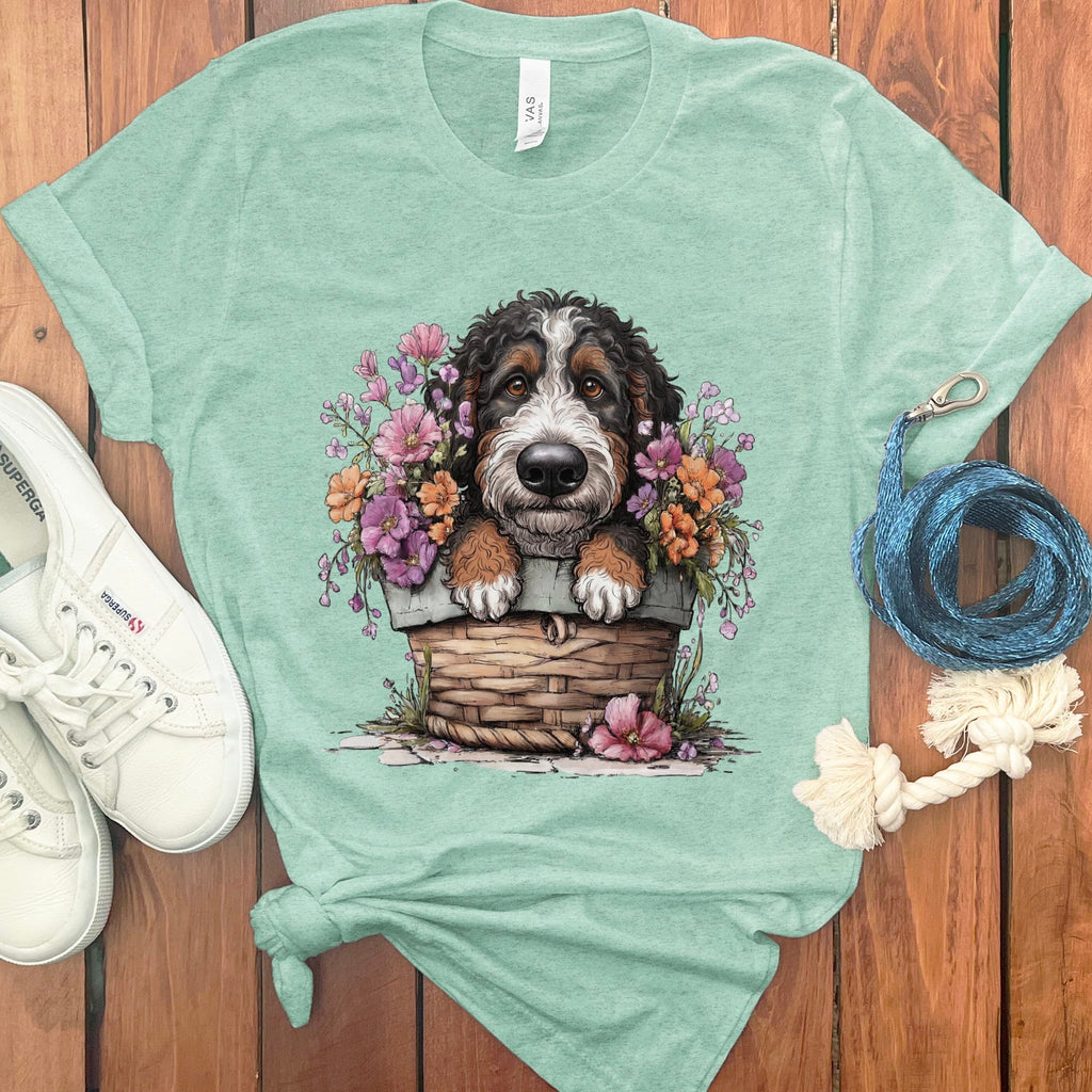 Bernedoodle Floral Basket T-Shirt in Heather Mint / XL by Puppy Jo