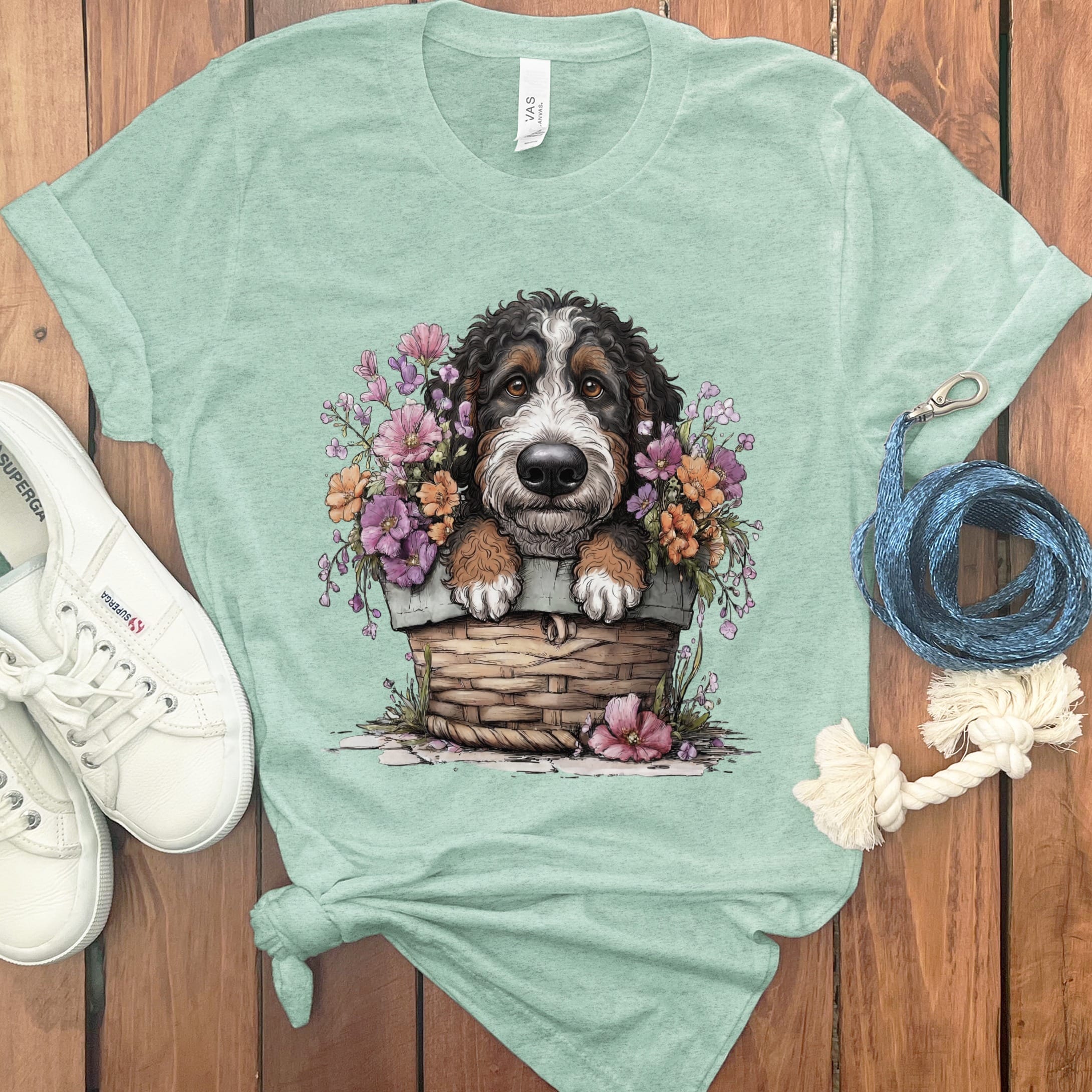 Bernedoodle Floral Basket T-Shirt in Heather Mint / XL by Puppy Jo