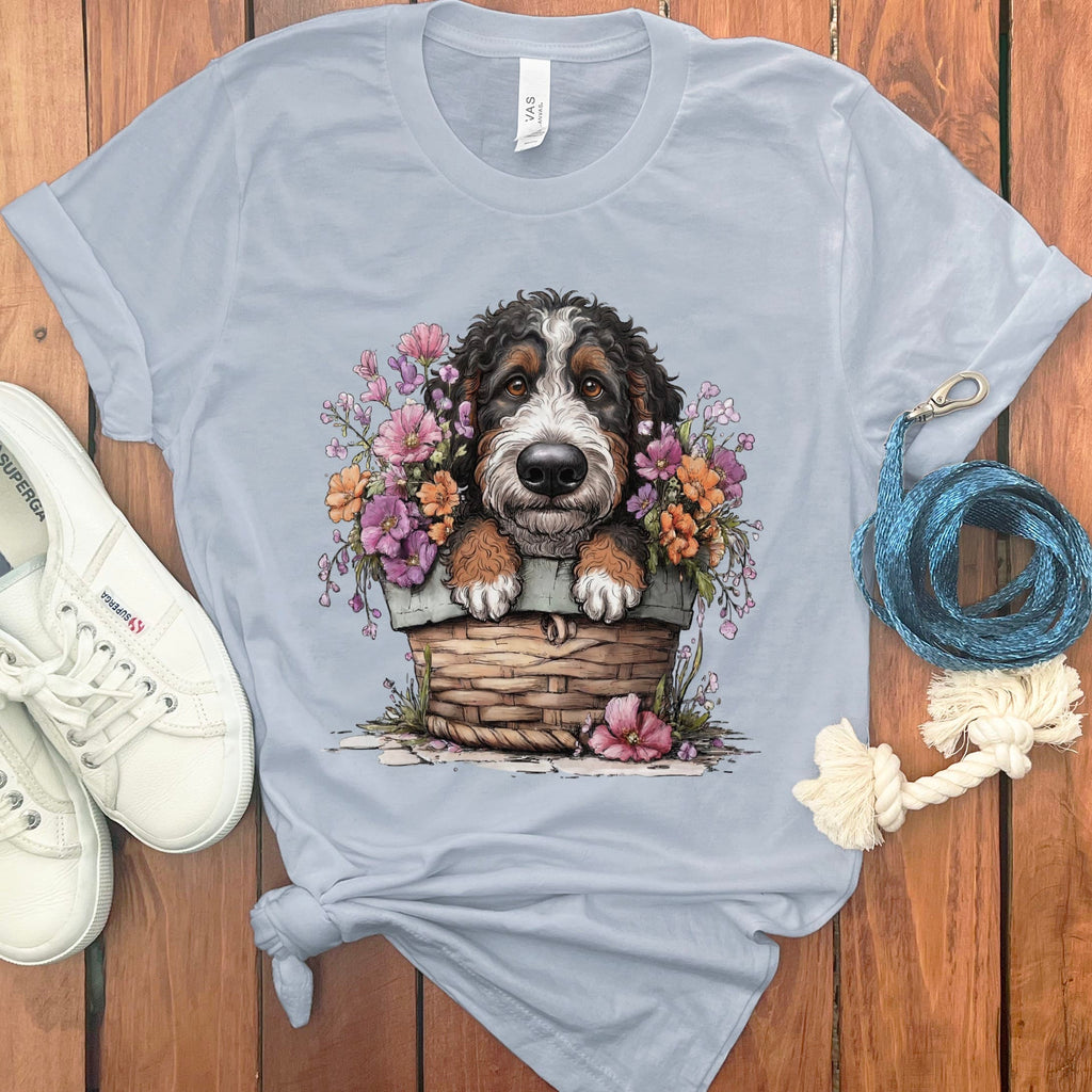 Bernedoodle Floral Basket T-Shirt in Light Blue / M by Puppy Jo