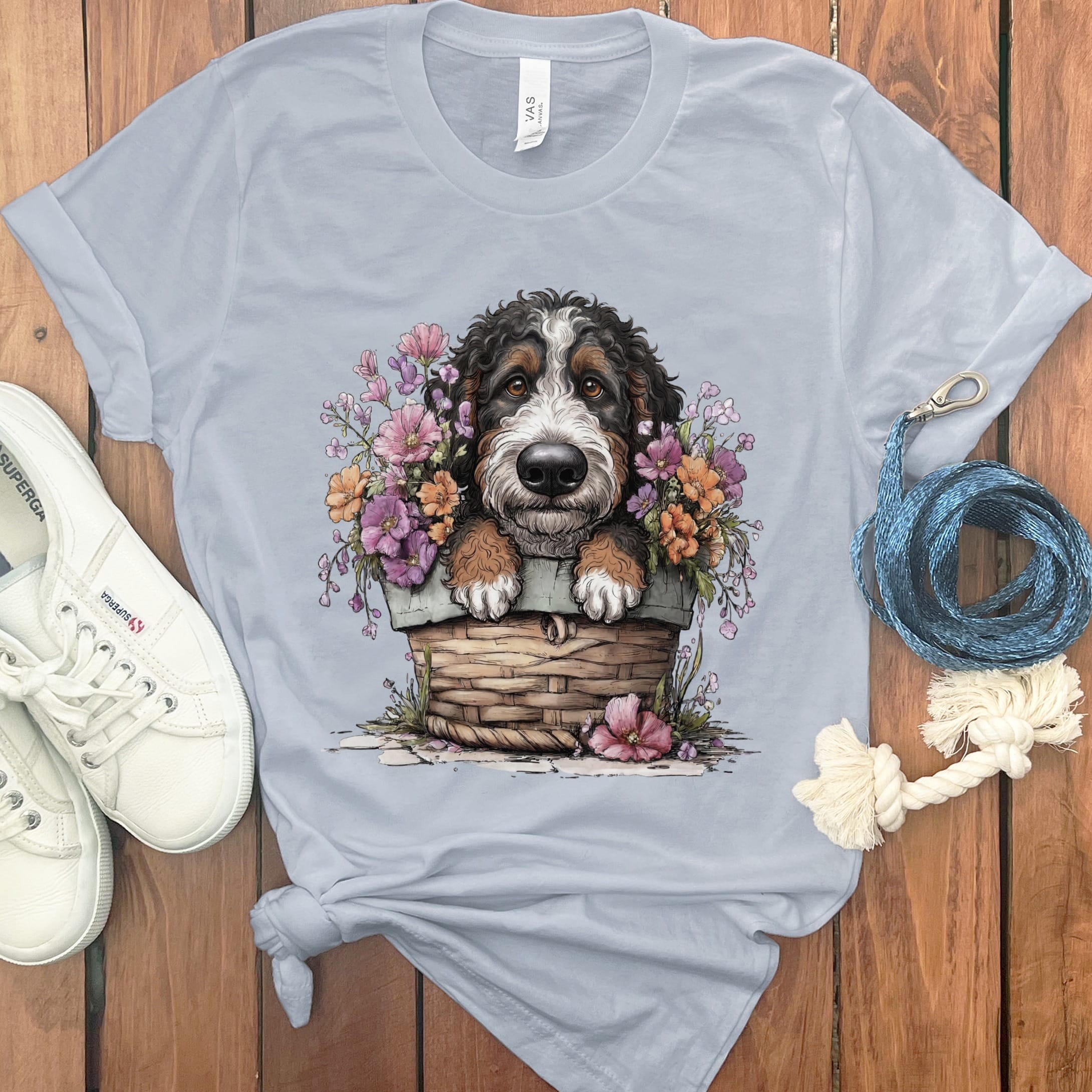Bernedoodle Floral Basket T-Shirt in Light Blue / M by Puppy Jo