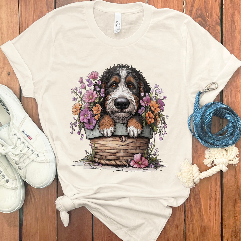 Bernedoodle Floral Basket T-Shirt in Natural / M by Puppy Jo