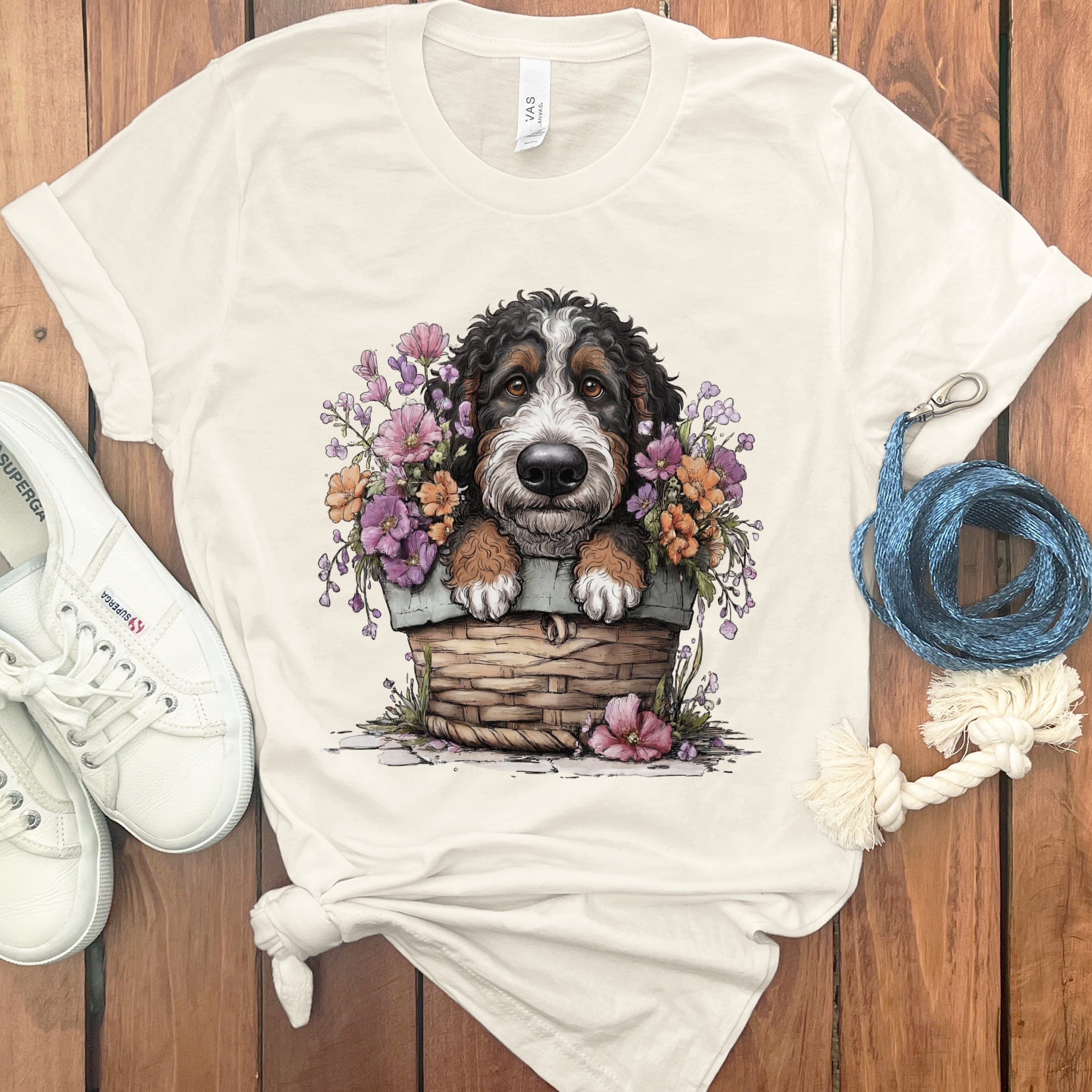 Bernedoodle Floral Basket T-Shirt in Natural / M by Puppy Jo