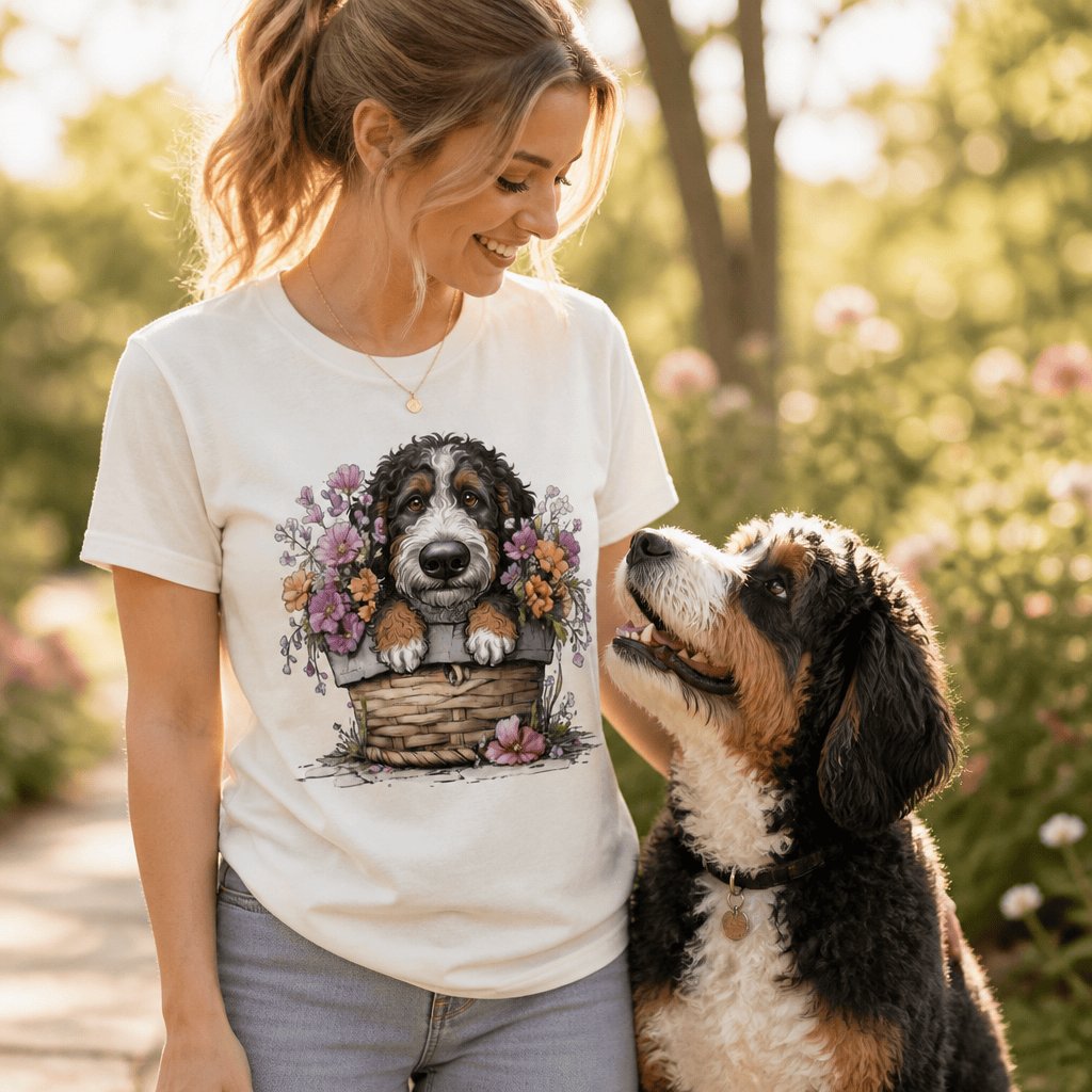 Bernedoodle Floral Basket T-Shirt in by Puppy Jo