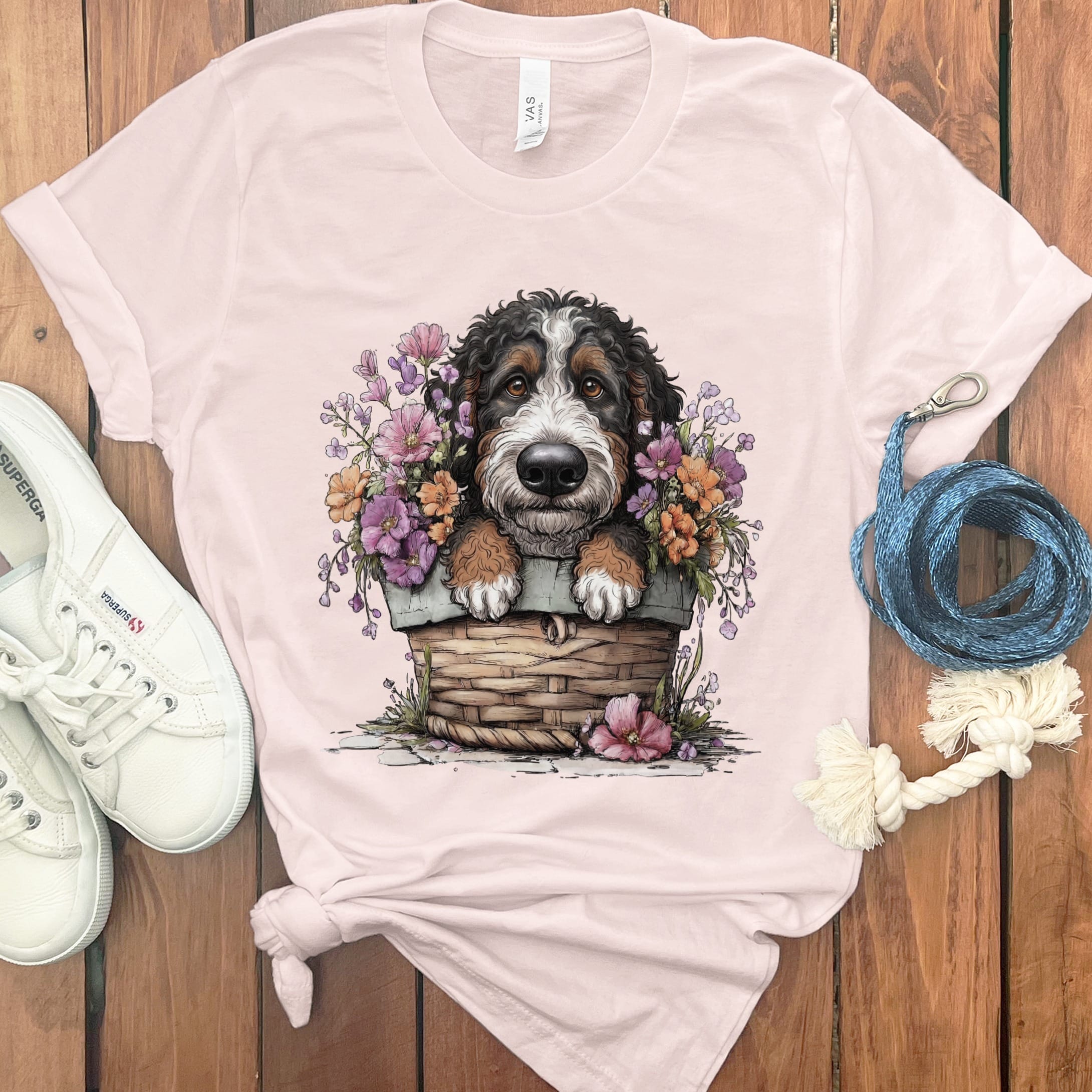 Bernedoodle Floral Basket T-Shirt in Soft Pink / M by Puppy Jo