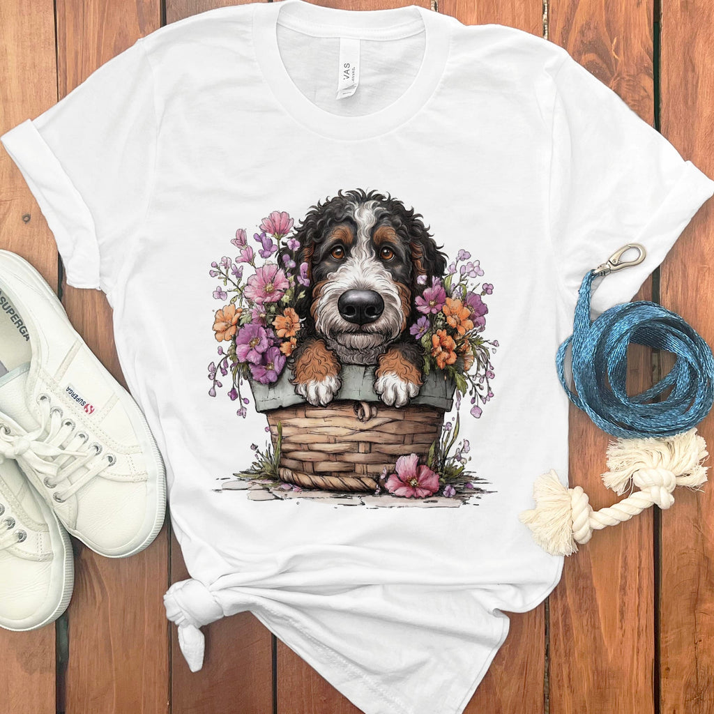 Bernedoodle Floral Basket T-Shirt in White / M by Puppy Jo