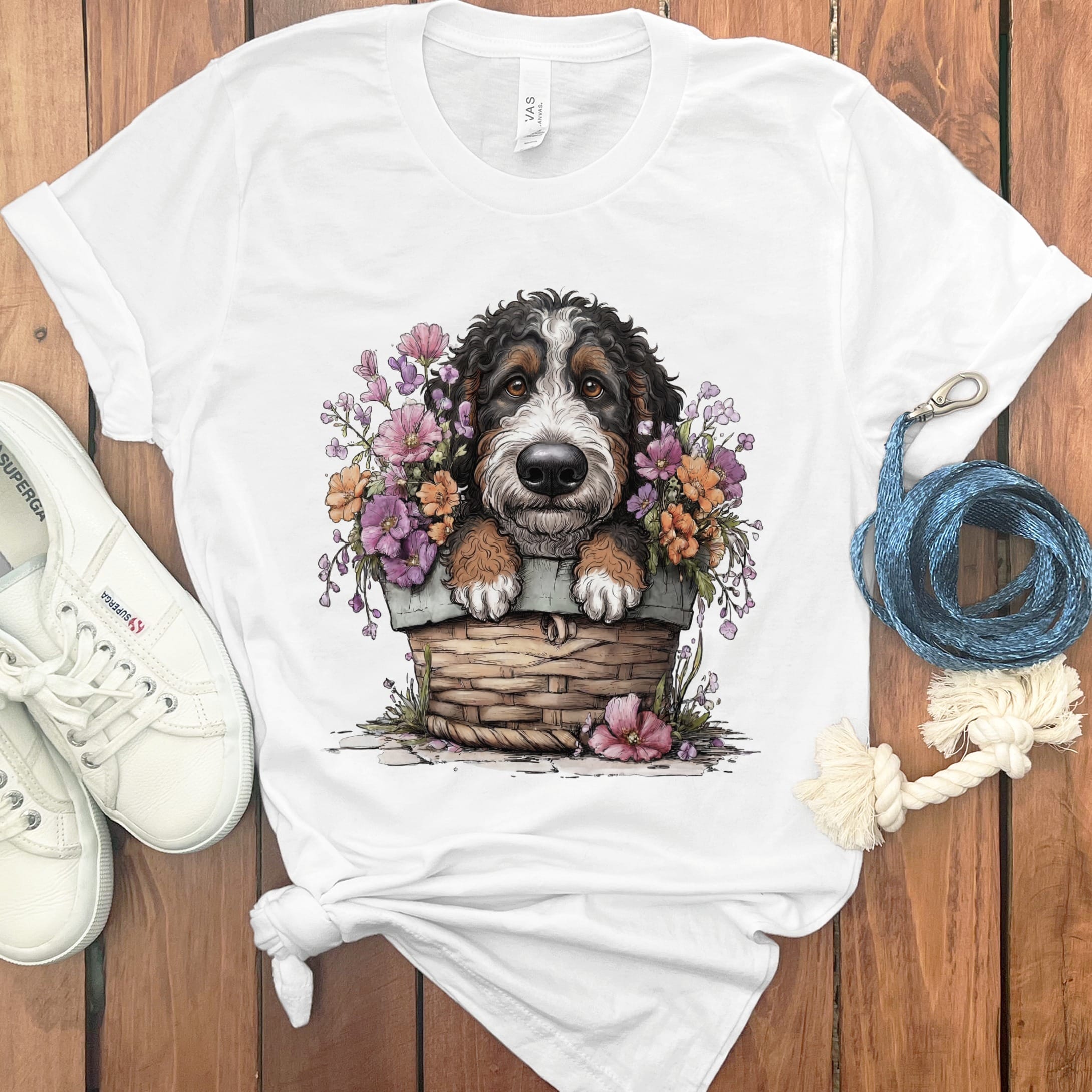 Bernedoodle Floral Basket T-Shirt in White / M by Puppy Jo