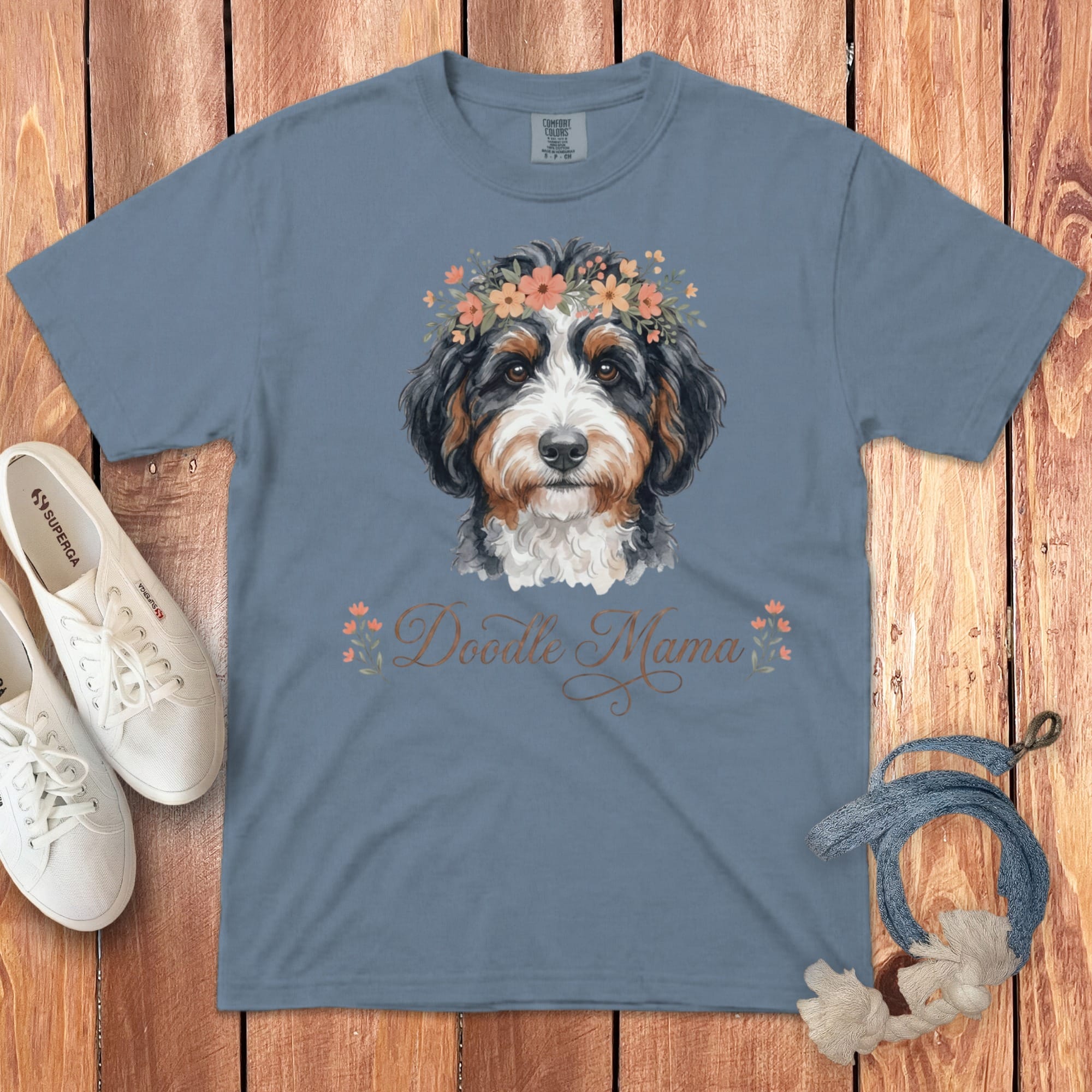 Bernedoodle Floral Crown Signature T-Shirt in Blue Jean / S by Puppy Jo