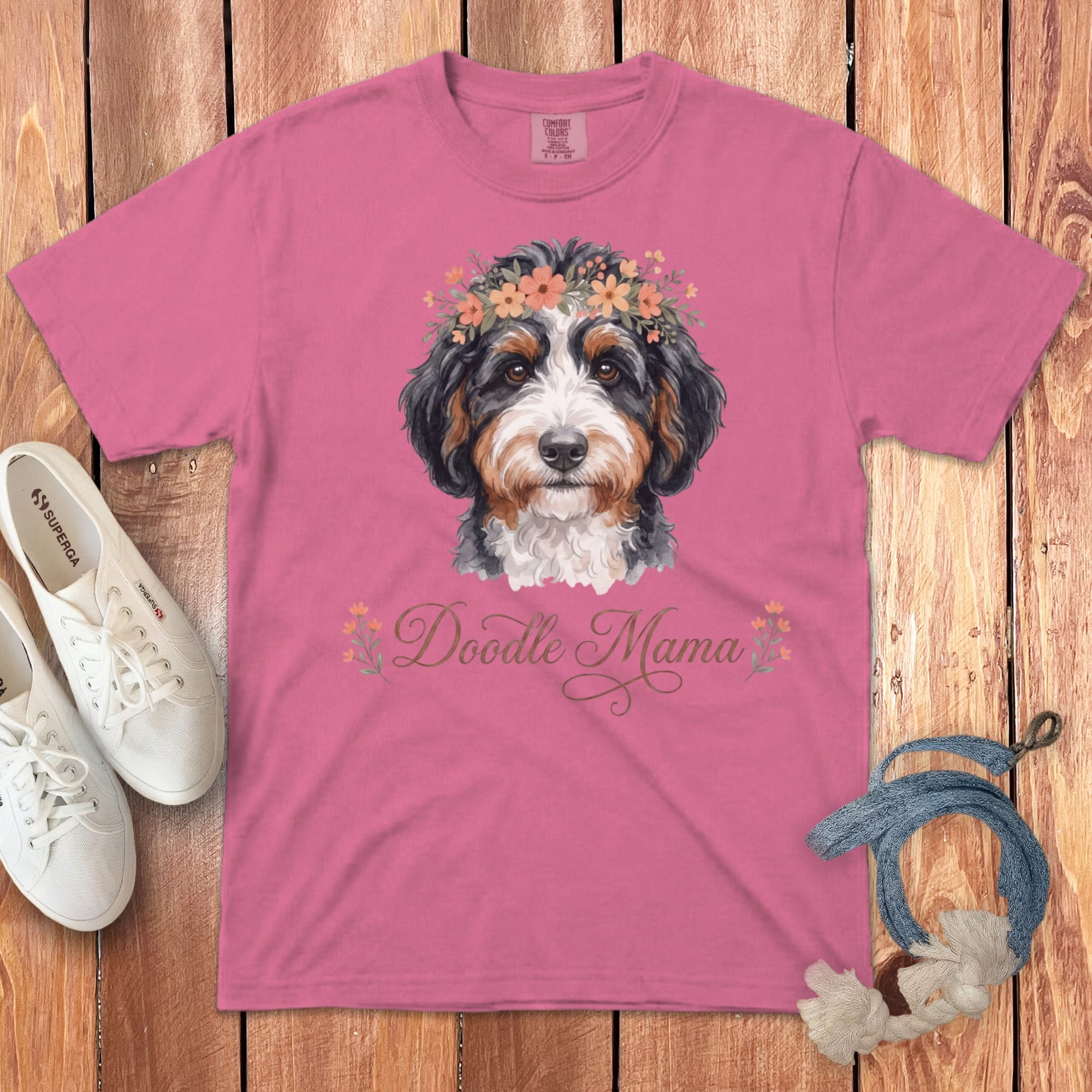 Bernedoodle Floral Crown Signature T-Shirt in Crunchberry / S by Puppy Jo