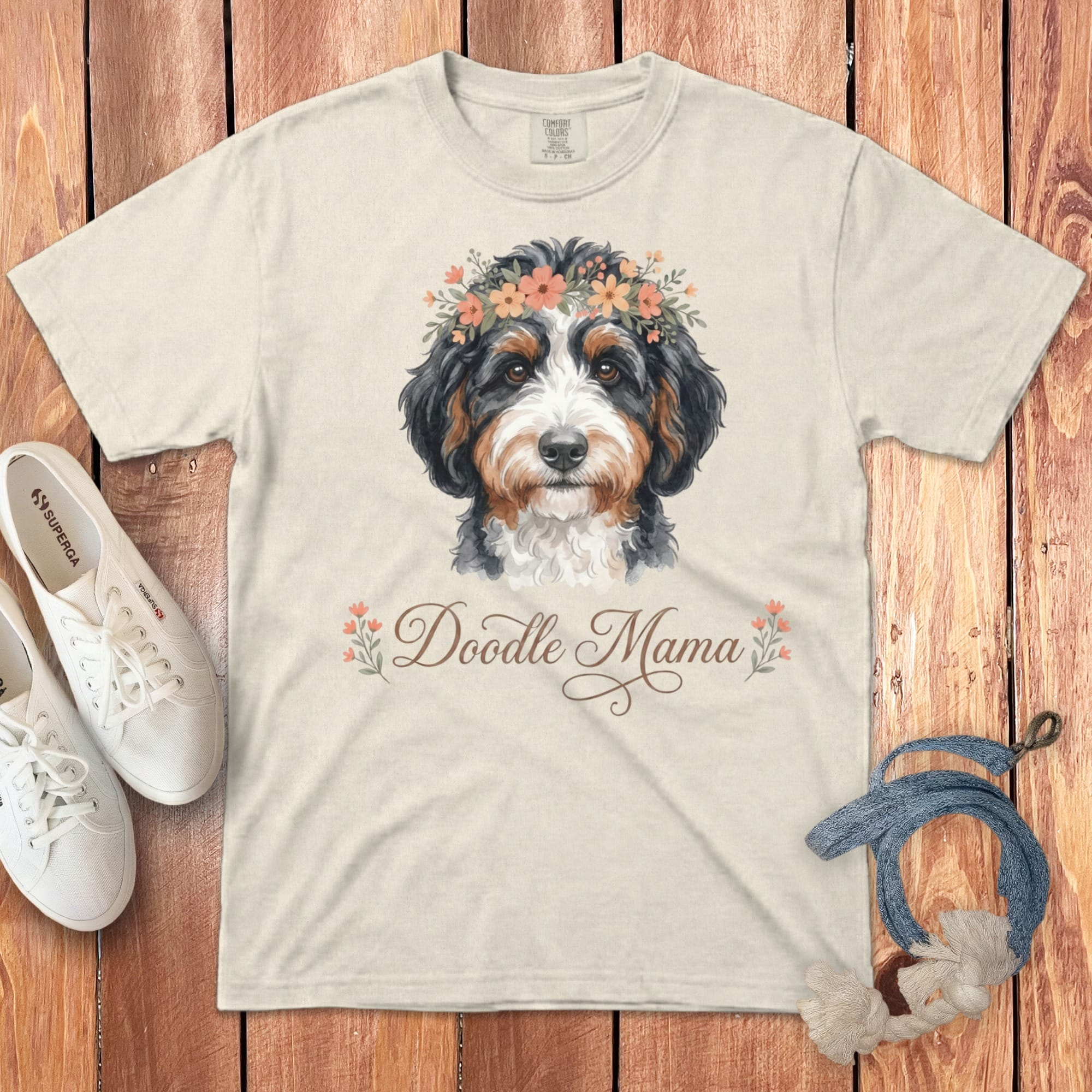 Bernedoodle Floral Crown Signature T-Shirt in Ivory / S by Puppy Jo